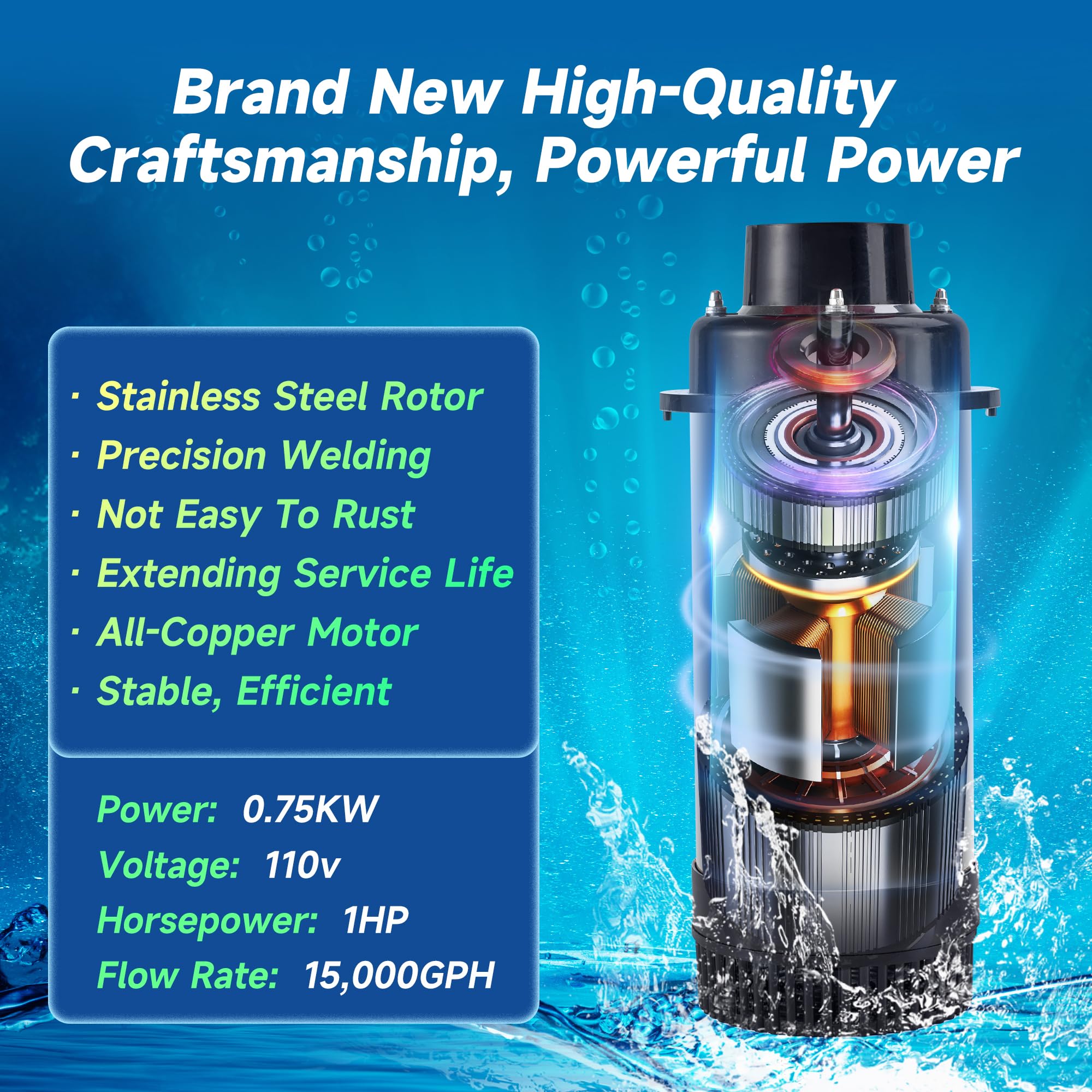 RELIY - Teichbelüfter, 1 HP 110 V, 15000 GPH, vollautomatisches schwimmendes Seebrunnen, 100 Fuß Netzkabel, 2 x 100 Fuß Zugseil, Edelstahl