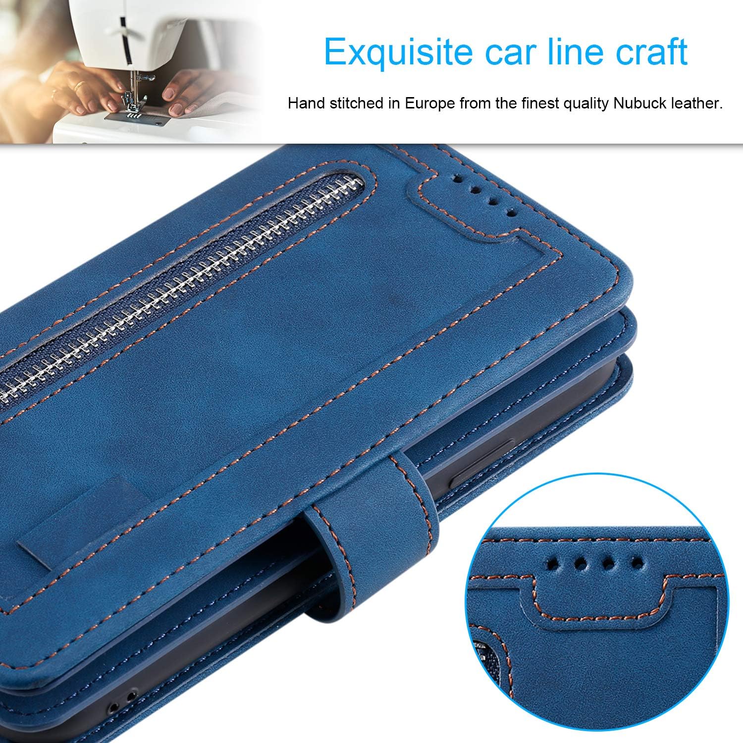 EYZUTAK Wallet Phone Case for Samsung Galaxy A16 4G/5G, Retro Matte 9 Card Holder Slots Zipper Pocket Handbag Case PU Leather Magnetic Closure Kickstand with Wrist Strap Flip Folio Purse Case - Blue - Image 7