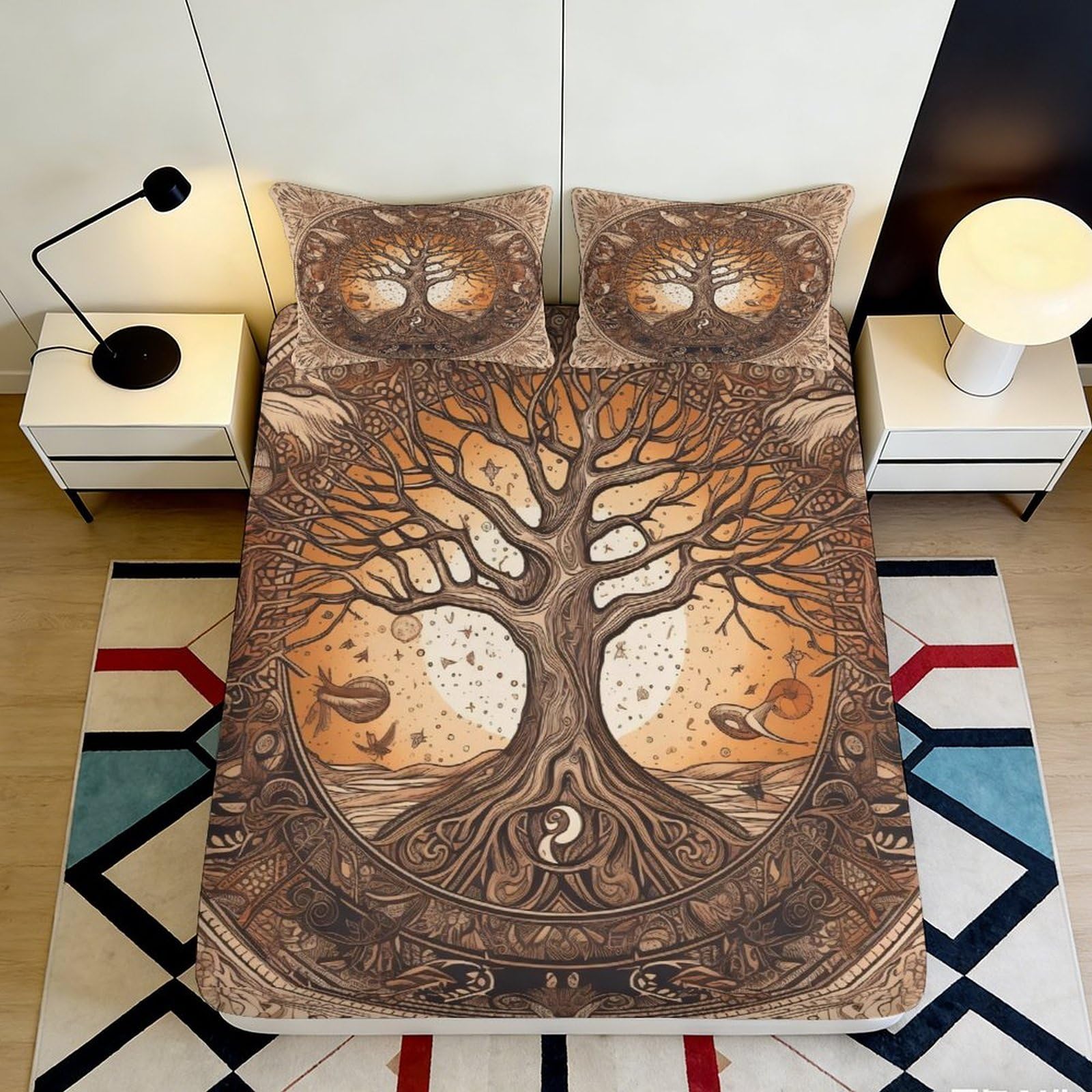 3D Printed Tree of Life Fitted Sheet Microfiber Soft Brown Forest Owl Bed Cover for Bedroom Dorm Mattress Decor 90x200x25cm