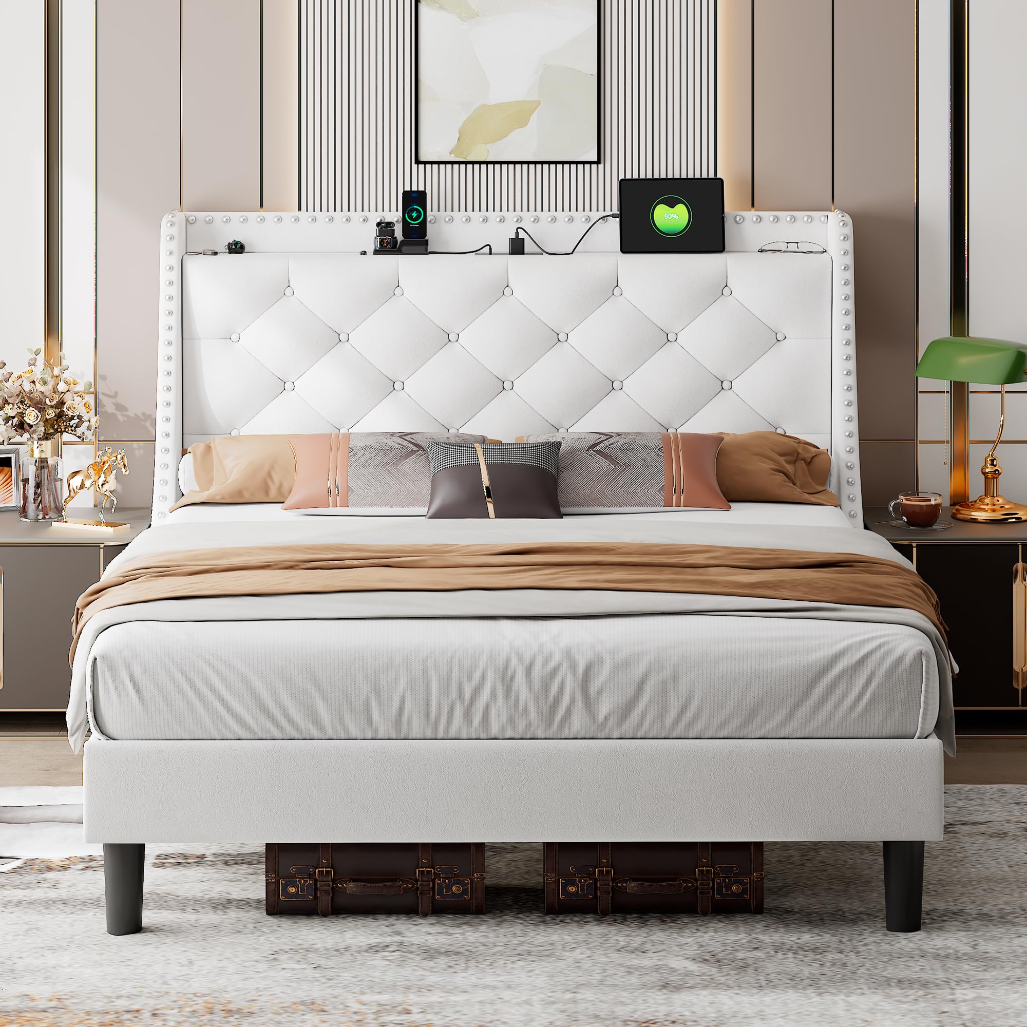 iPormis Velvet Full Size Bed Frame with 16" Comfort Wingback & Charging Station, Upholstered Platform Bed with Button Tufted Storage Headboard, Solid Wood Slats Support, No Box Spring Needed, White