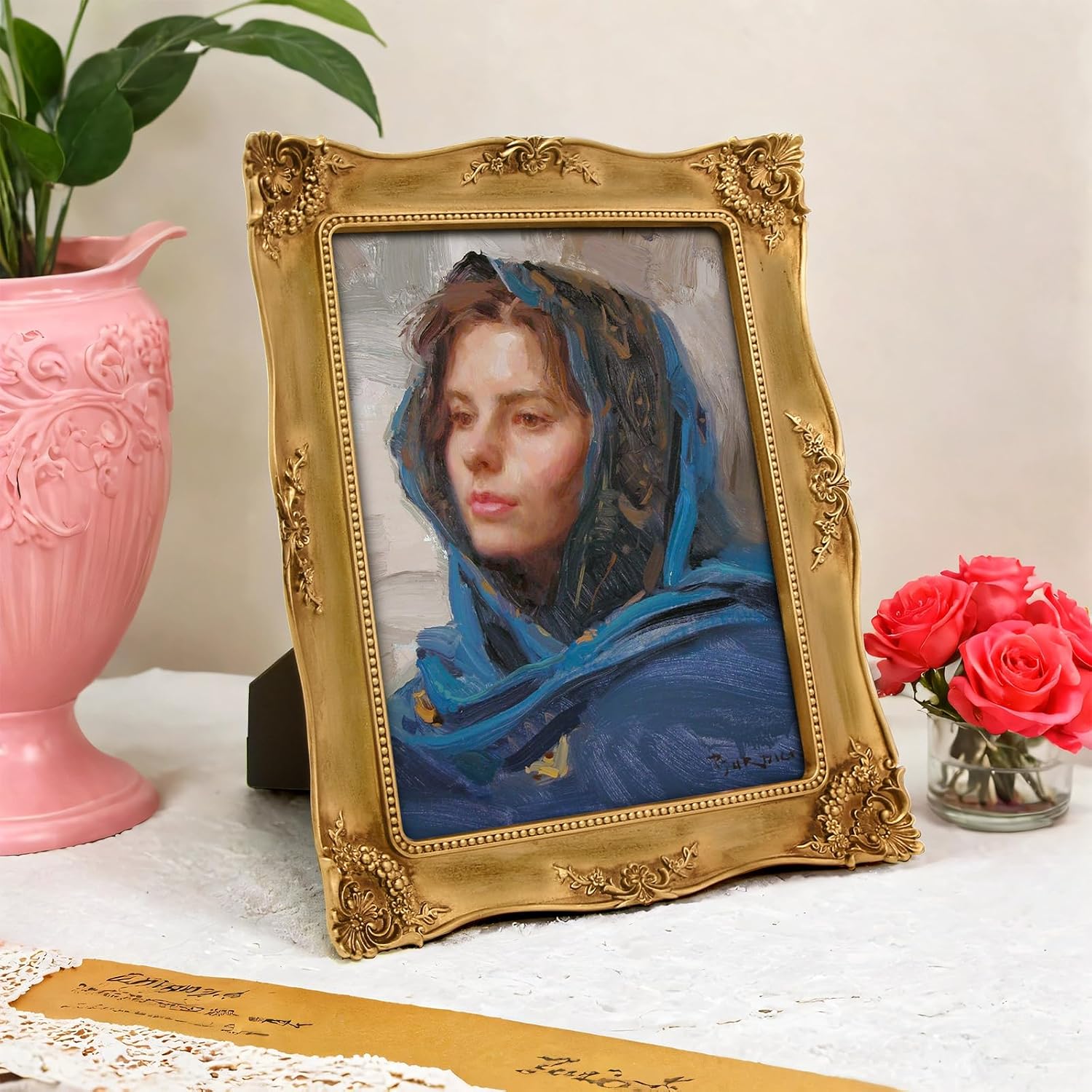 8x10 Inch Gold Vintage Picture Frame, Elegant Antique Photo Frames with Glass&Hook, Vine Pattern, Tabletop Wall Hanging, Gift ldeas for Home Decor (Gold)