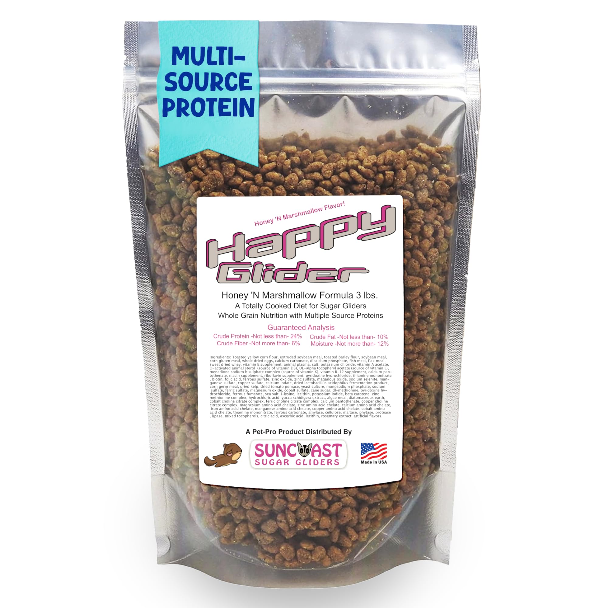 Happy Glider Premium Sugar Glider Food - High Protein, Calcium and Vitamins, Complete Nutrition for Small Animals & Exotic Pets, 2 Months Supply - Honey & Marshmallow, 3 lbs