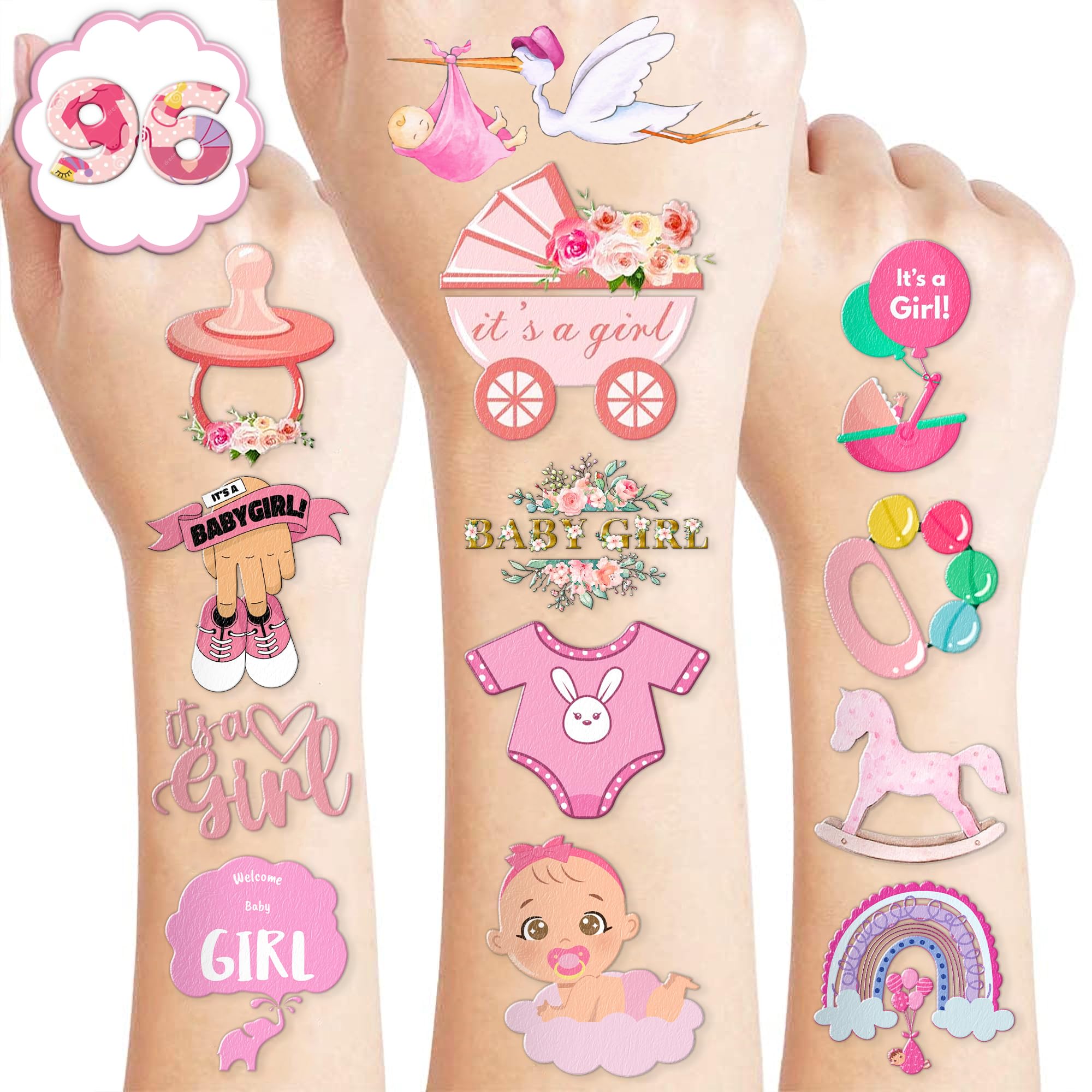 100 PCS Baby Girl Birthday Party Decorations Favors Supplies Temporary Tattoos Decor Pink Rose Gold Baby Girl Shower Floral Stickers For Boys Girls