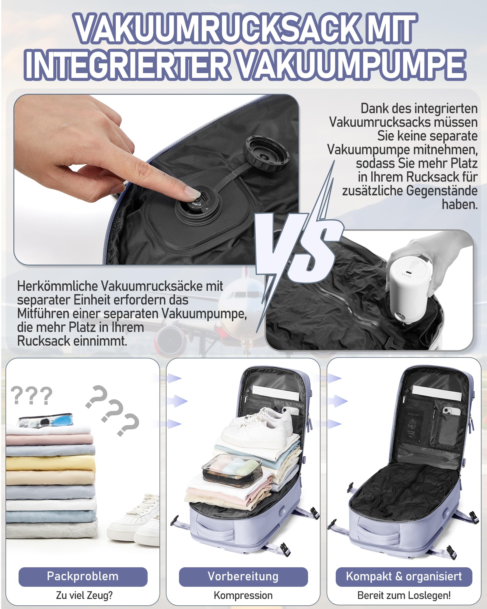 suradar Vakuum Rucksack 40x30x20 mit Integrierter Pumpeinheit, Reiserucksack Ryanair Handgepäck 40x30x20 Wizzair Vakuumrucksack mit Vakuumsystem Handgepäck Flugzeug Vacuum Backpack Lila Taro