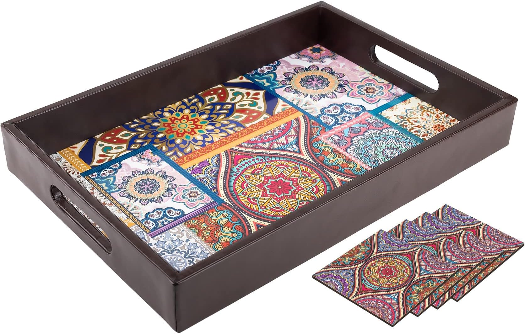 Birch & Co. Wooden Tray For Serving-Free 4 Coasters-10 Inch X 15 Inch-Serving Tray-Tray Set For Decoration-Tea Trays-Big Coffee Tray-Premium Mdf Trey-Wooden Serving Trays-Resin Tray,Round