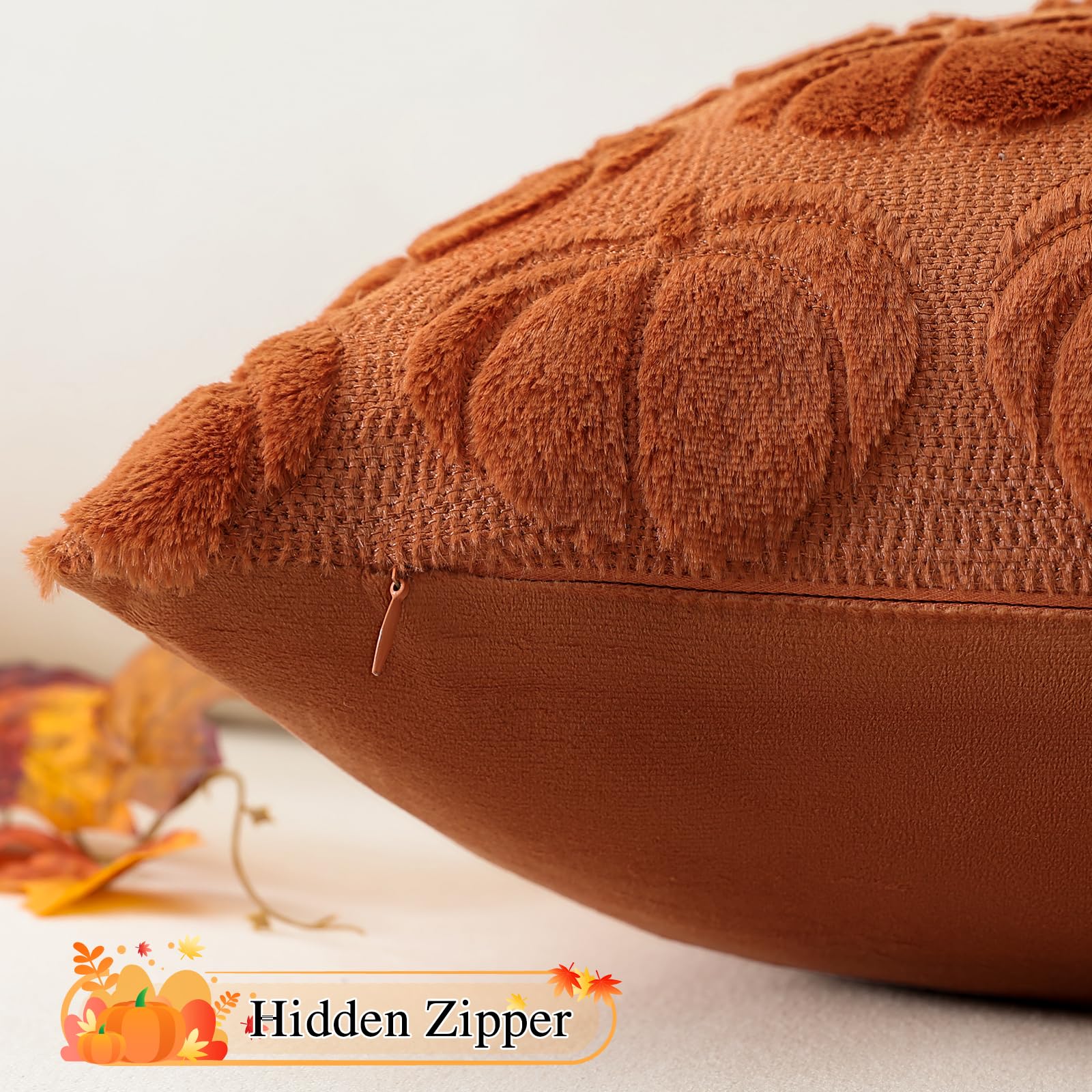 JOTOM Rust Pumpkin Fall Cushion Covers 60x60cm Soft Plush Faux Fur Autumn Thanksgiving Decorative Throw Pillow Covers Pillow Case for Home Bedroom Couch Sofa Decor (Rust) - Image 2
