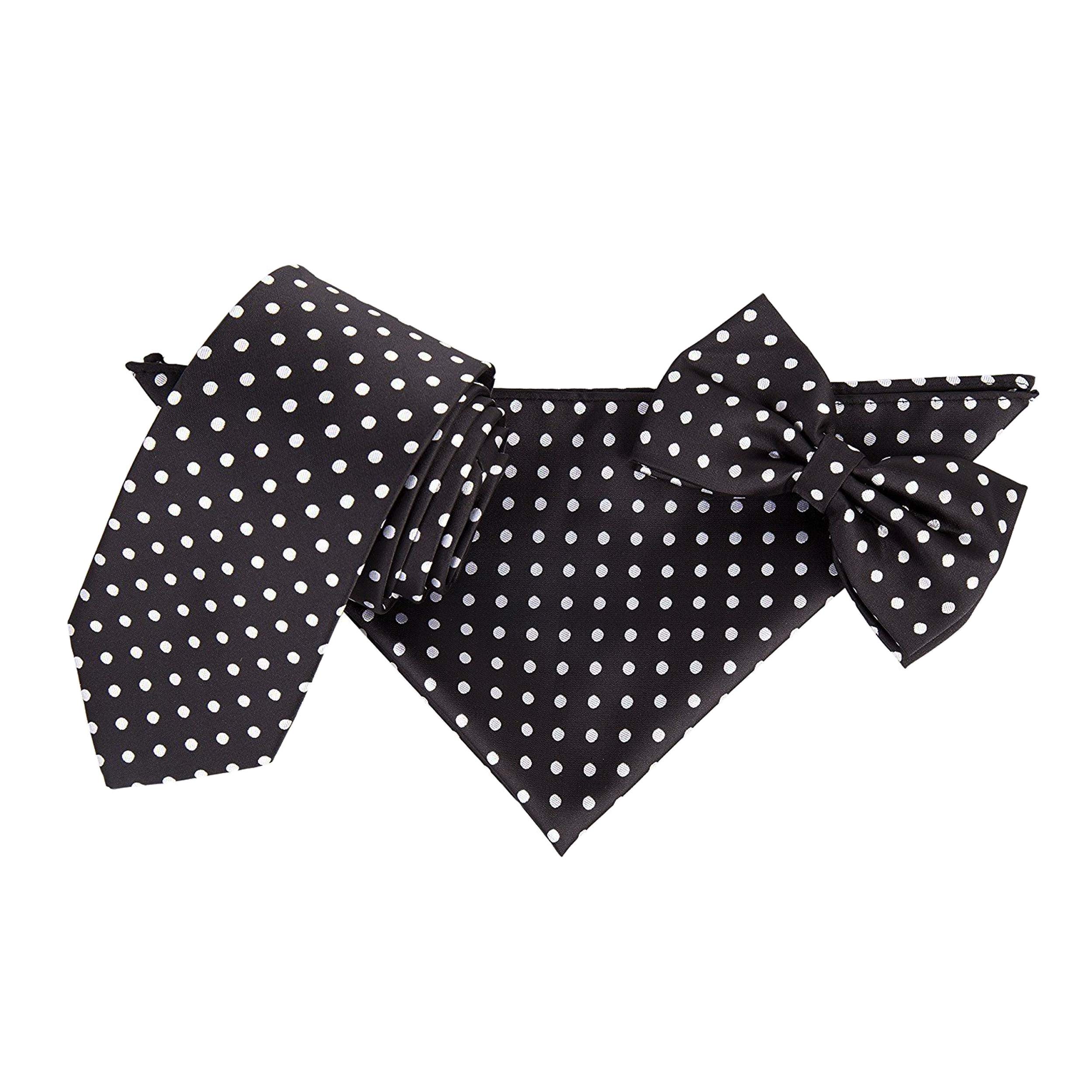 The Tie Company Men's Jet Black Polka Dot Suit Accessory Set: Tie, Bow Tie & Pocket Square Handkerchief (Jet Black)