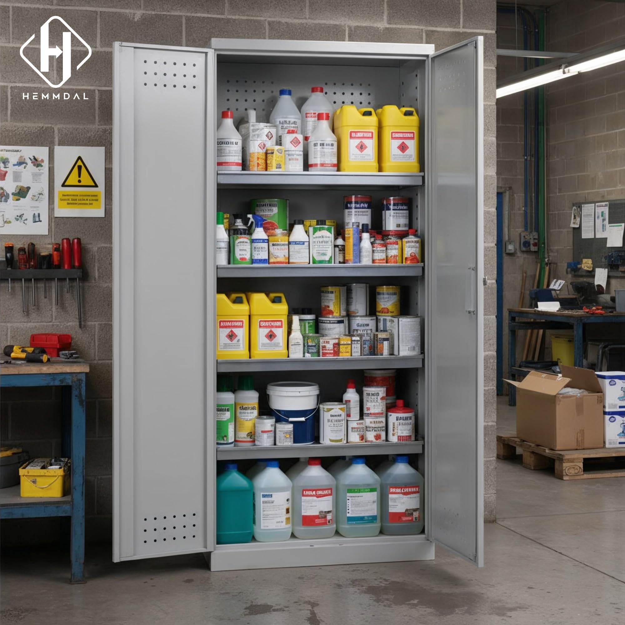 HEMMDAL Gefahrstoffschrank aus Stahlblech mit 4 Auffangwannen | HxBxT 192 x 92 x 58 cm | 40 kg Boden Tragkraft | Chemikalien- und Pflanzenschutzmittelschrank mit Sicherheitsverschluss | Made in EU