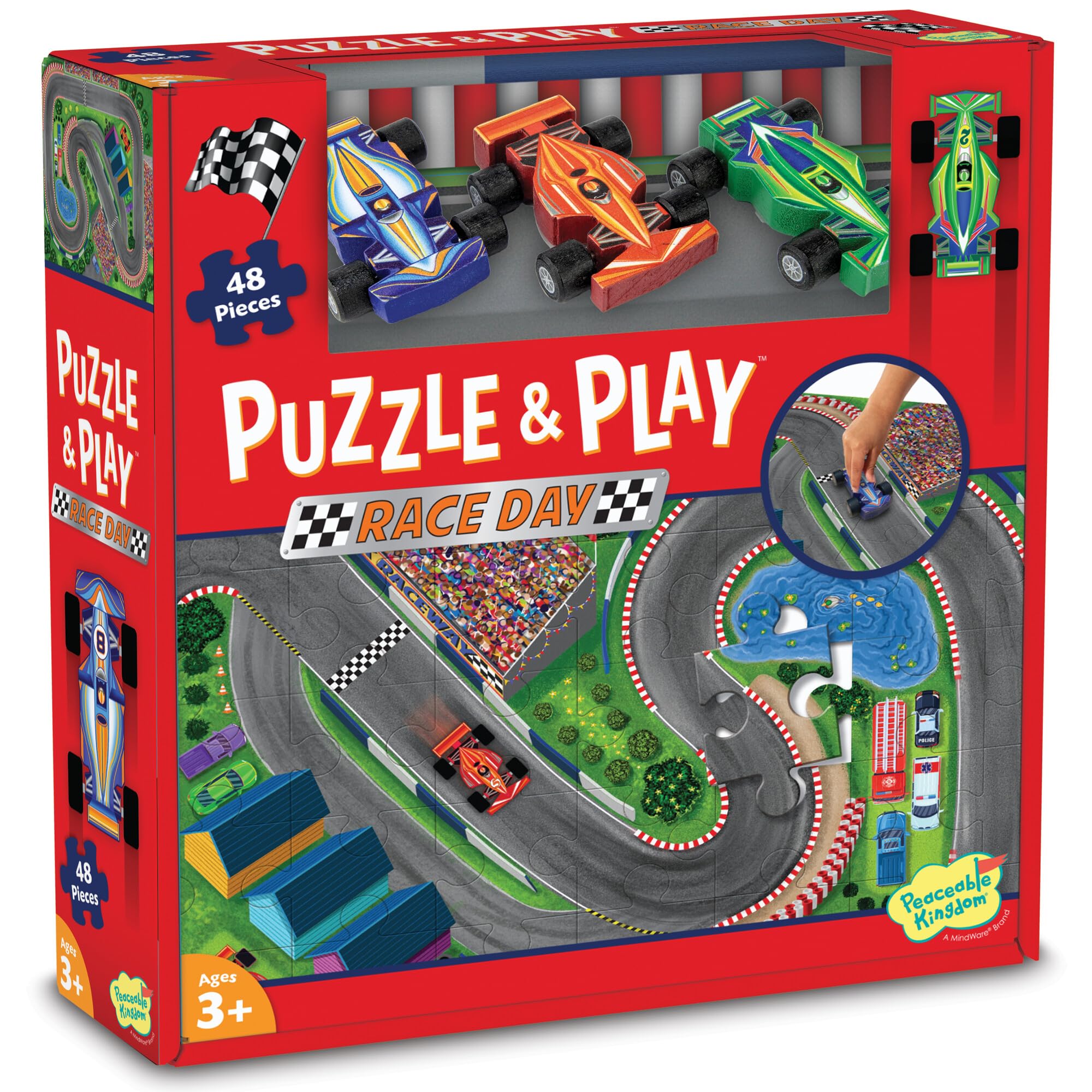 Peaceable Kingdom Puzzle & Play: Race Day - Floor Puzzle for Kids Ages 3 and Up - Includes 3 Wooden Vehicles to Zoom Around The Race Track Puzzle for a Double Dose of Fun - Measures 26" x 36"