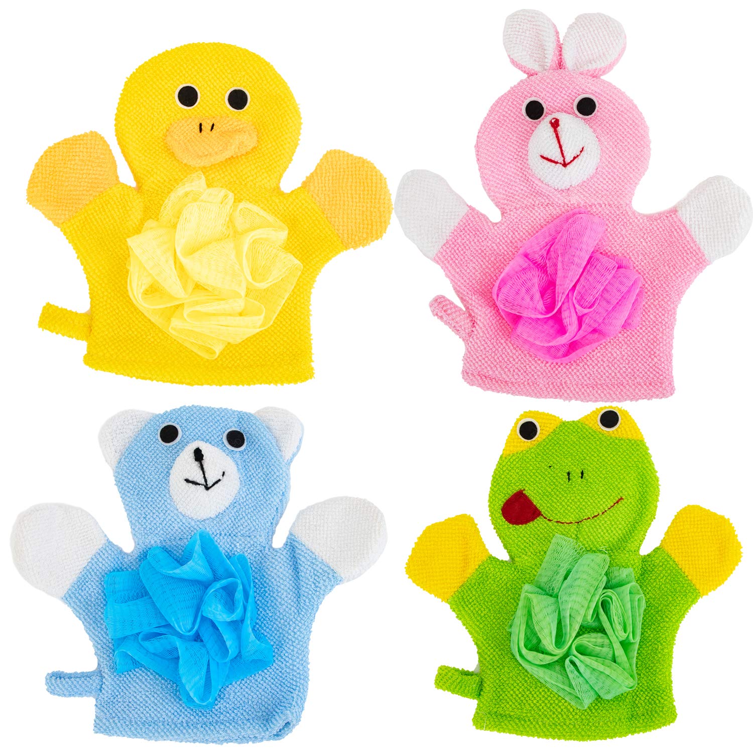 Azure Zone, 4 Pack Cartoon Hand Puppet Bath Wash Mitt Towel with Animal Designs for and Shower
