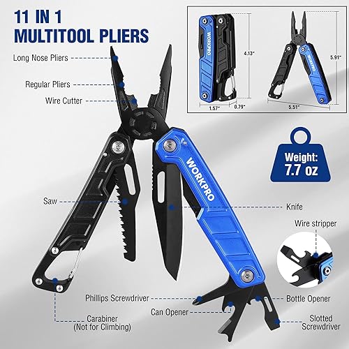 Miniatura 2 de WORKPRO Multitool-Alicates multiherramienta 11 en 1 con clip de bolsillo y funda, cuchillos multiherramienta EDC con bloqueo de seguridad,