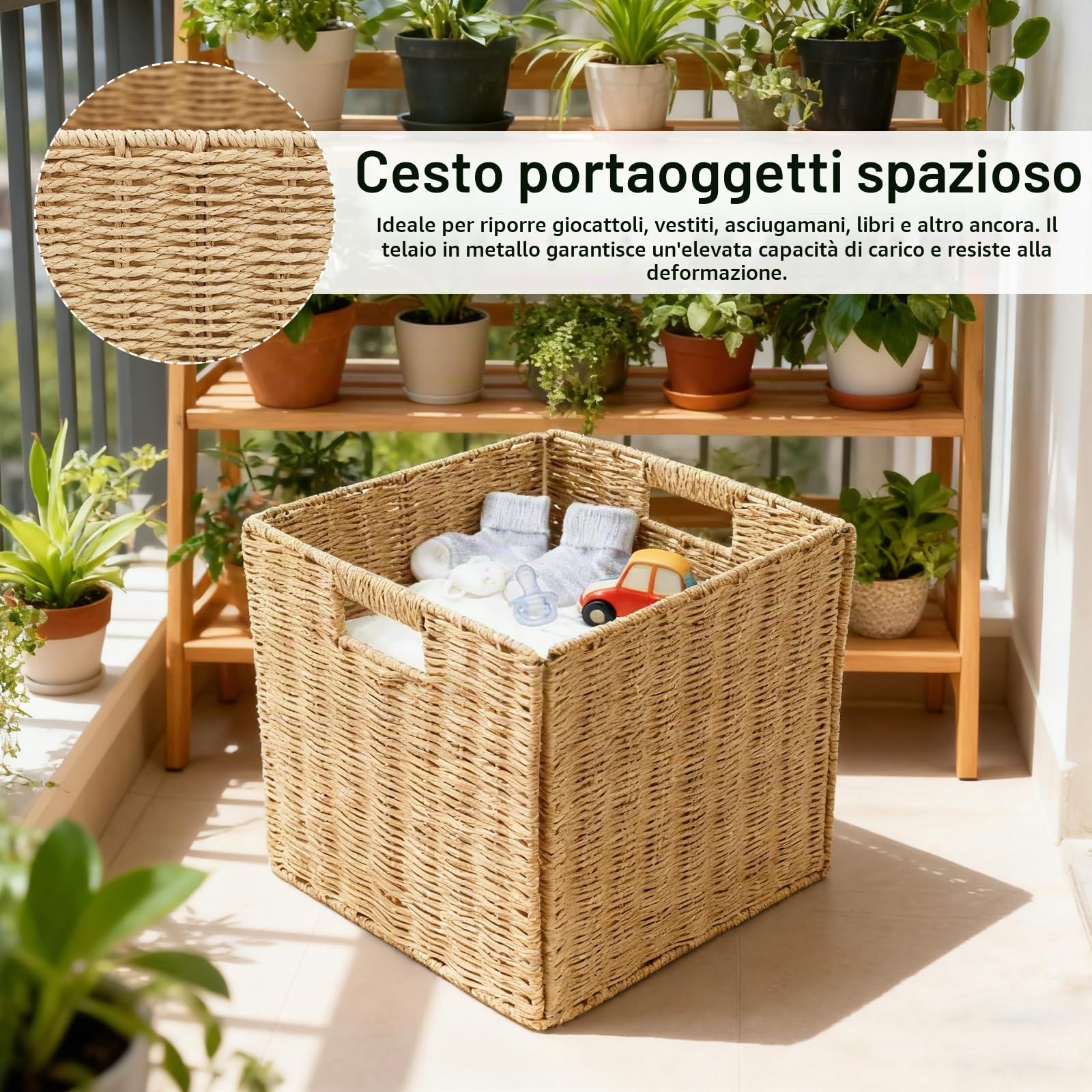 Cestini Portaoggetti, 2 Pezzi Cestini Da Cucina Intrecciati Con Manici Organizer Pieghevole In Giunco ​​Marino Multifunzionali Per Cucina Bagno Camera Da Letto - 28 * 28 * 28cm
