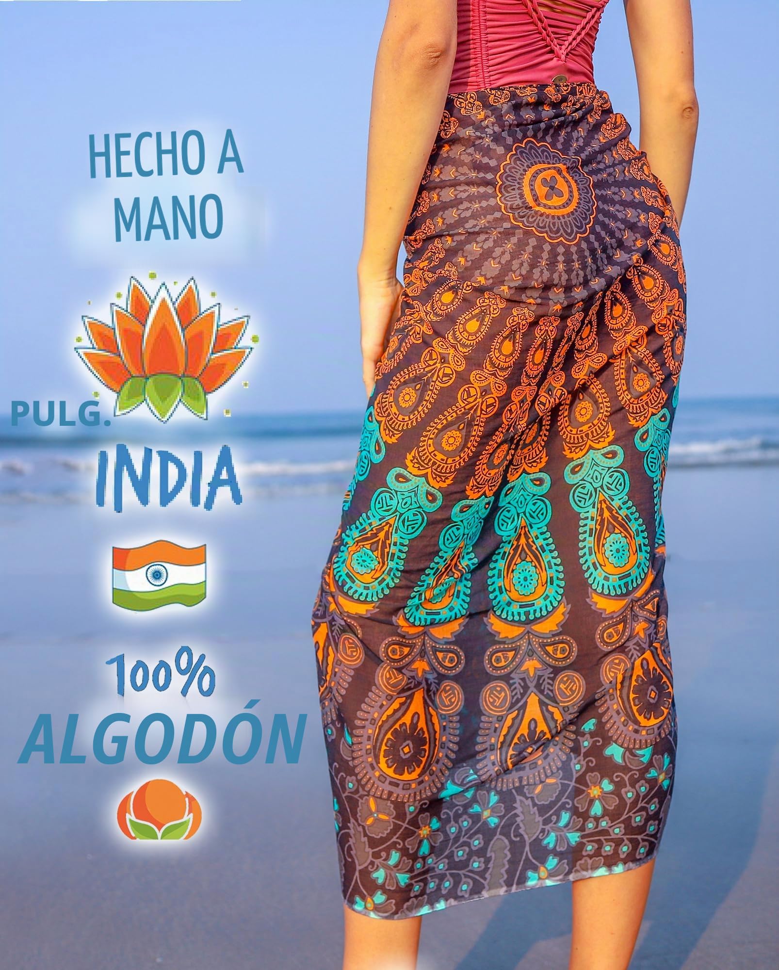 Pareo/Sarong/Cubrebos Boho Mandala con borlas - Algodón Supersuave y Ligero, Estampado de Pavo Real Indio Grande