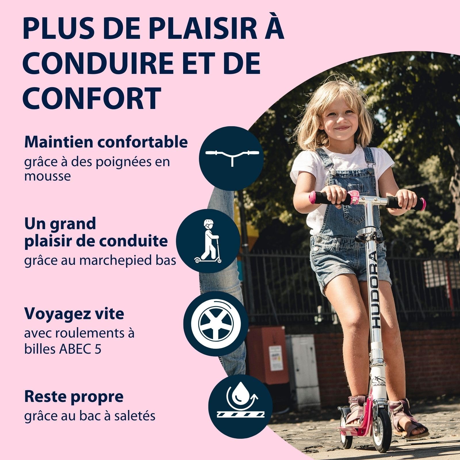 HUDORA BigWheel Scooter 125 - rose - Trottinette en aluminium sûre et de haute qualité pour enfants - Réglable en hauteur pour jusqu'à 100kg - Trottinette pliable stable avec sangle de transport