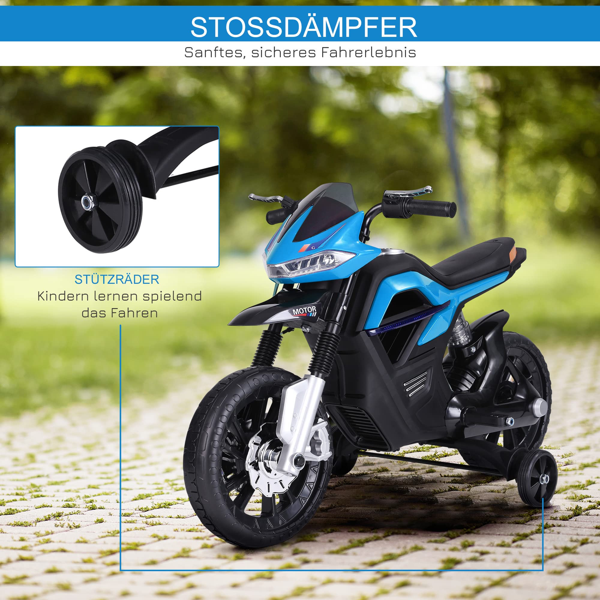 HOMCOM Kindermotorrad Kinder-Elektromotorrad Elektro-Motorrad für Kinder 3-6 Jahren Licht Musik MP3 Elektrofahrzeug mit Stützrädern maximal 3 km/h Metall + Kunststoff Blau 105 x 52,3 x 62,3 cm