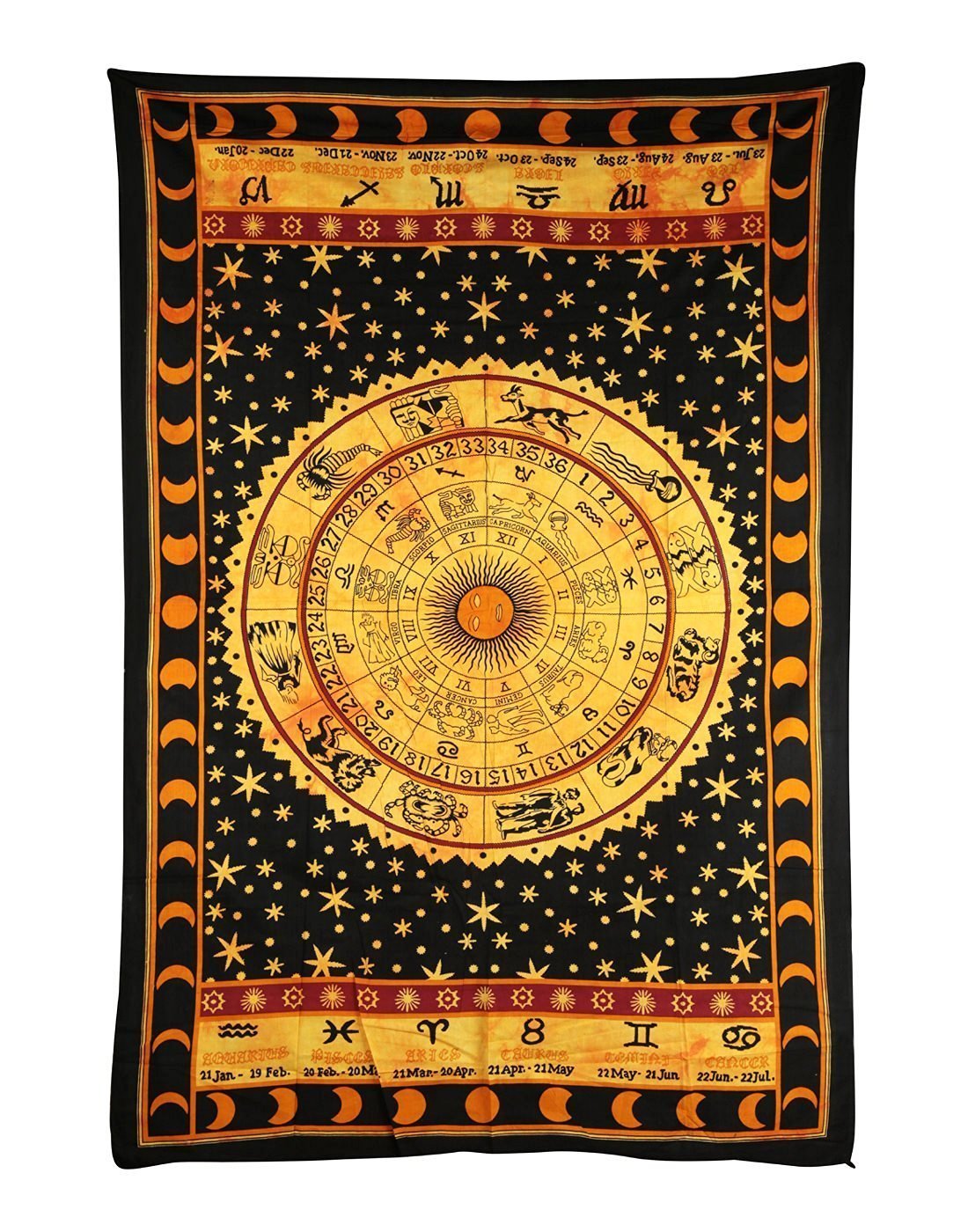 Indian Hippie Cotton Mandala Tapestry Gypsy Traditional Zodiac Mandala Wall Hanging Twin Astrology Horoscope Bohemian Psychedelic Black Yellow Zodiac Twin 84 X 54 Inch