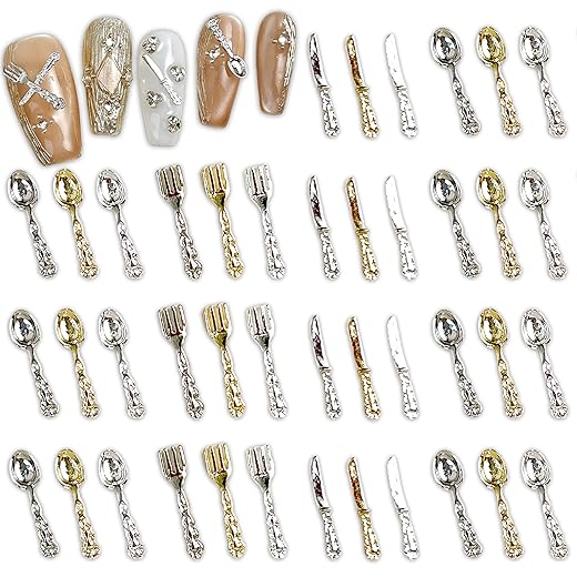 100Pcs Gold Silver Charms for Nails Art 3D Spoon Fork Metal Mixed Tableware Design Nail Rhinestones Shiny Gold Silver Fork Spoon Nail Charms Metal Spoon Fork Nail Art Supplies Gems for Manicure Decor