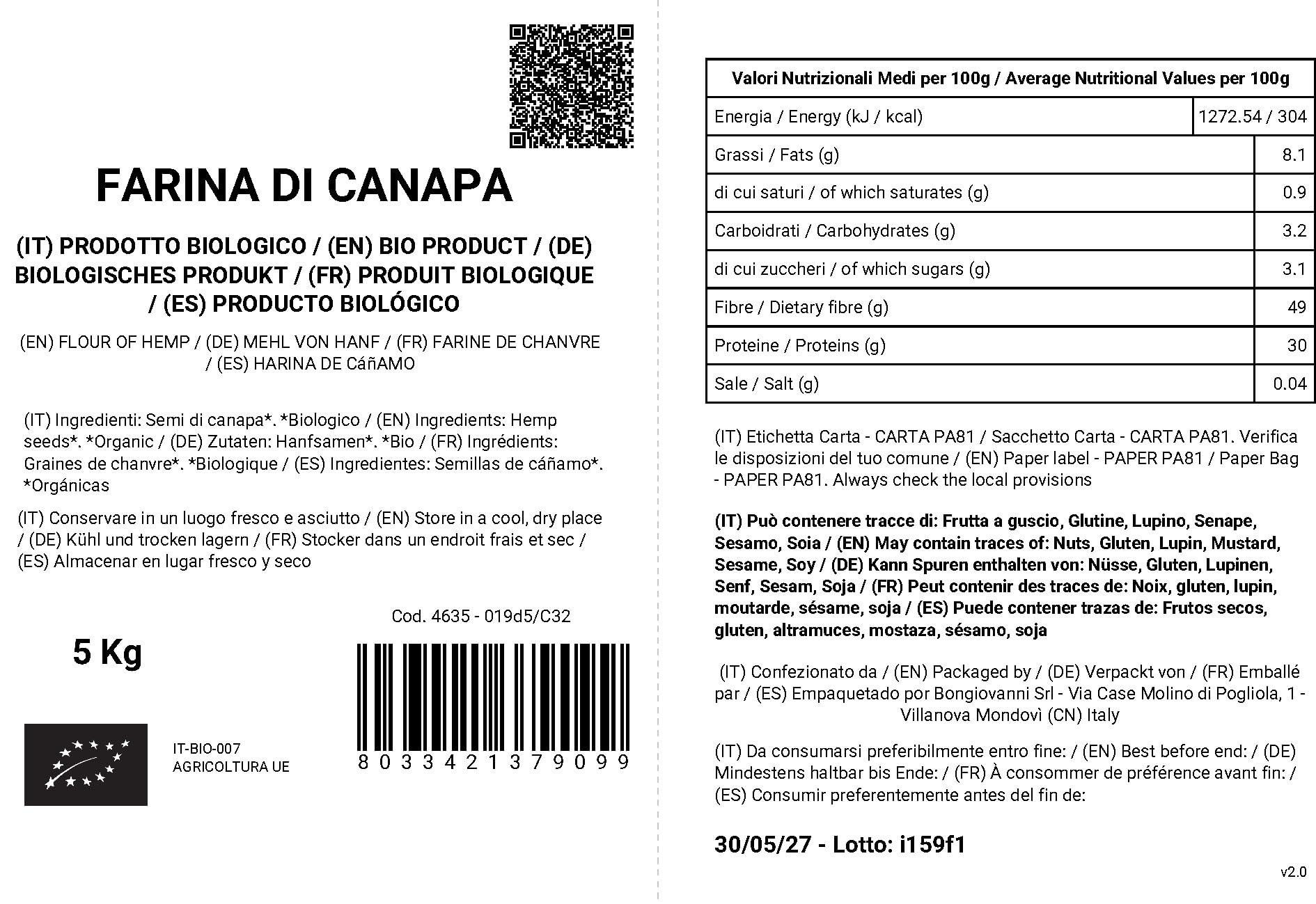 BONGIOVANNI FARINE E BONTA' NATURALI Farina di Canapa 5Kg BIO