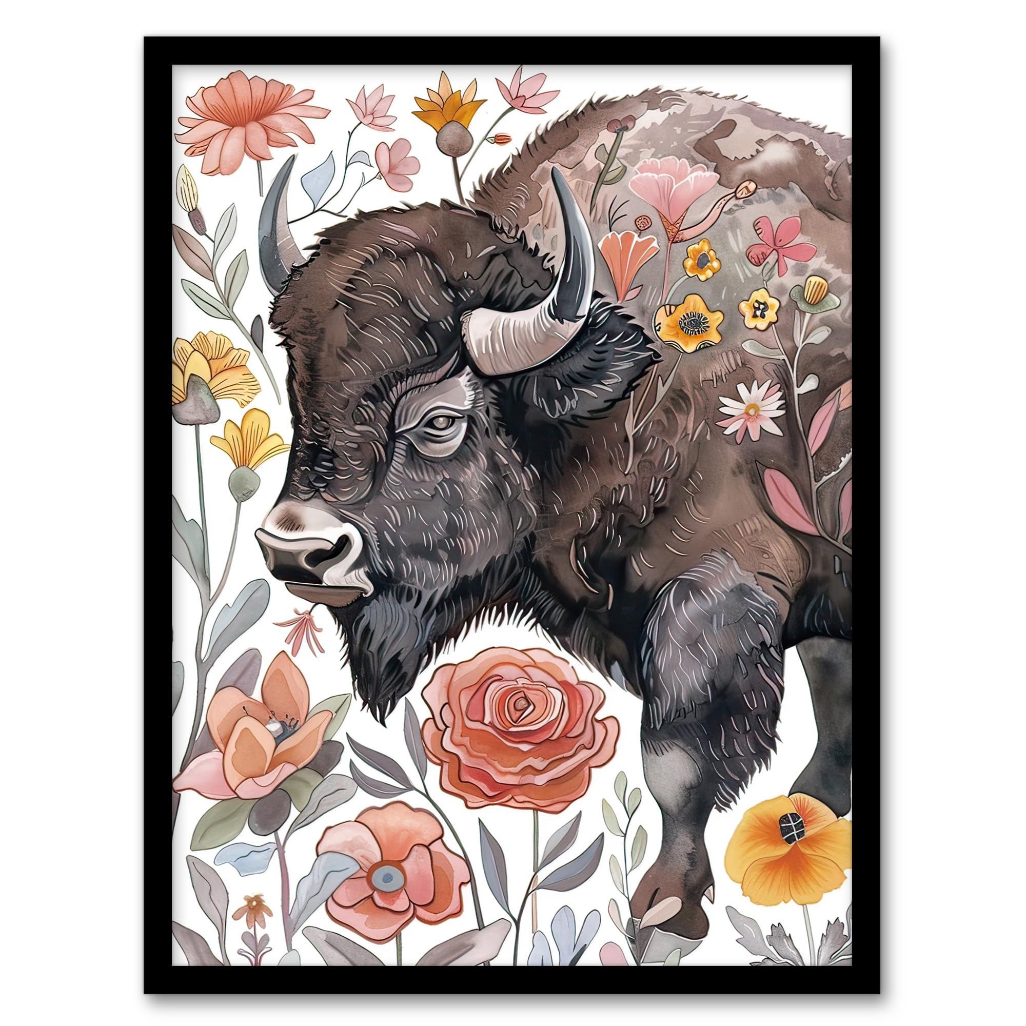 Artery8 Stylised Majestic Bison in Spring Wildflowers Living Room Artwork Framed Wall Art Print A4
