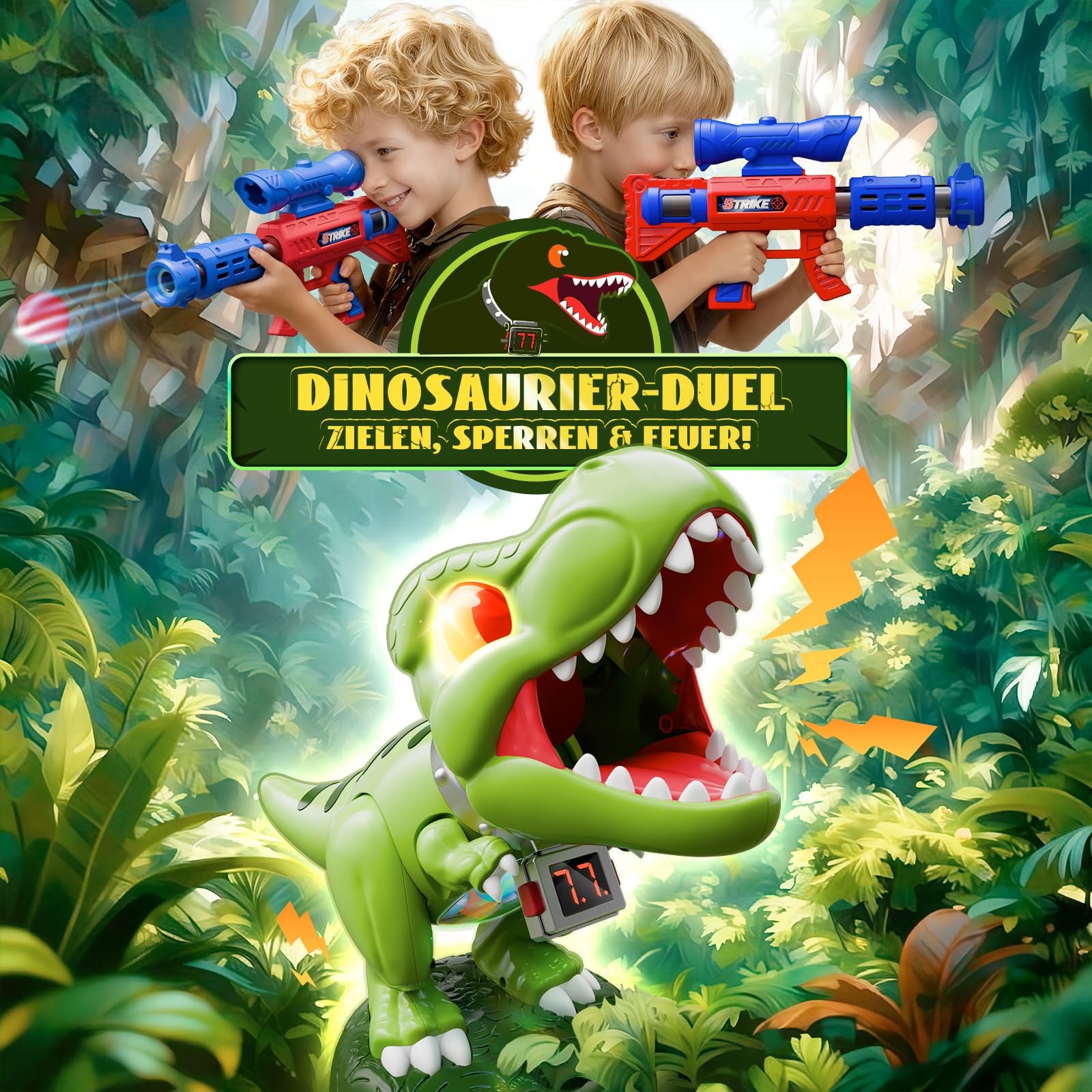 Dinosaurier Schieß Spielzeug Kinder- Bewegliches Realistisches ! kinder Partyspiele ab 3-10 Jahre Jungen, 2 Luftpumpenpistolen, LED, Schaumball, Zähler, Brüllen, Geschenk Junge 4 5 6 7 8 9 10 11 Jahre