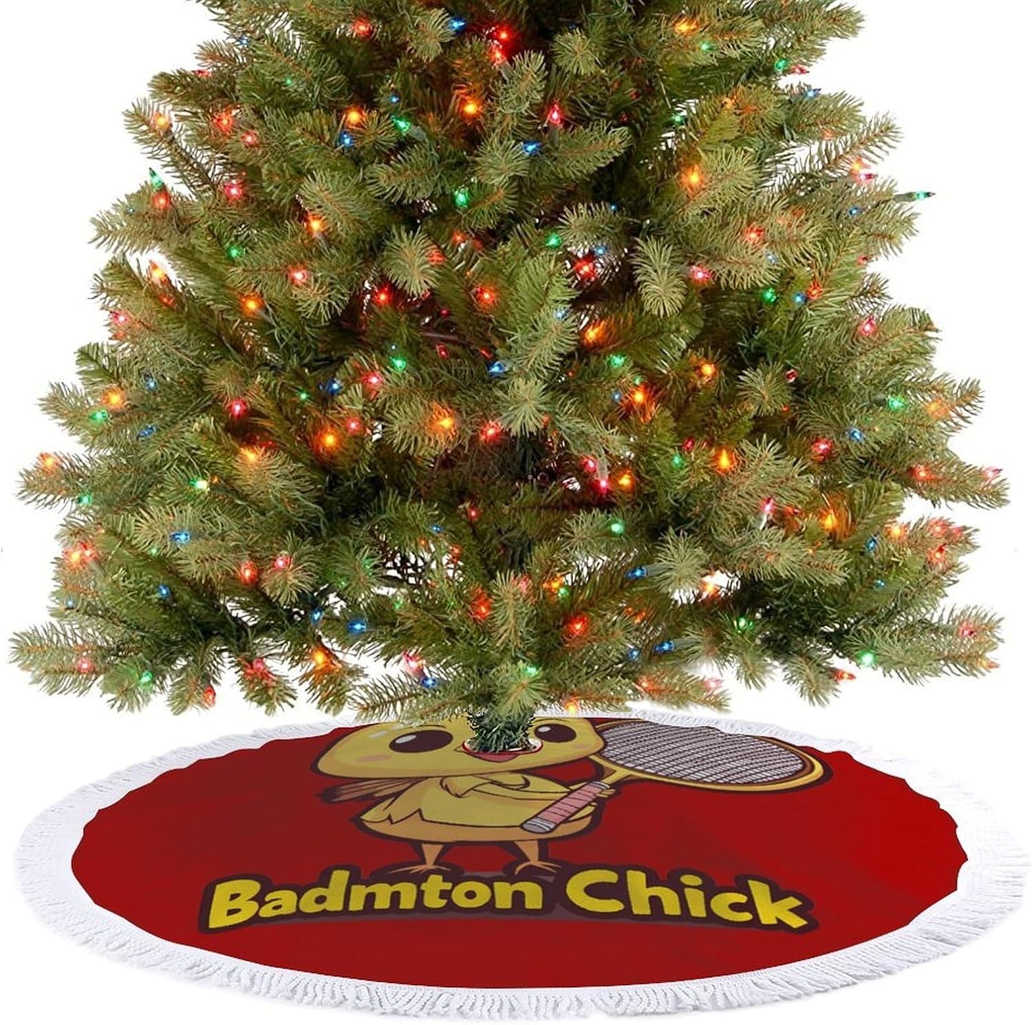Badminton Chick Chicken Birdie Christmas Tree Skirt Round Xmas Tree Mat Ornaments Tree Skirts with Tassels for Holiday Party