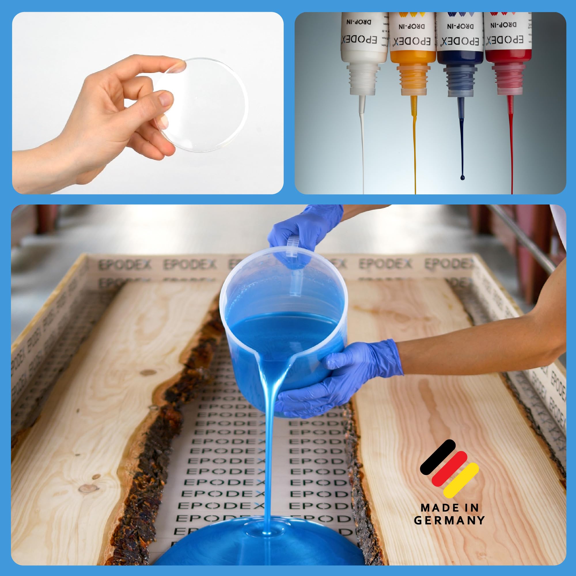 EPODEX Epoxidharz Set ECO+ | klares Epoxy Resin für Gießhöhen bis 5cm | Gießharz-Set ohne oder mit Farbpigmenten | für River-Tische, Lampen, Projekte mit hohen Form- und Gussteilen und vieles mehr