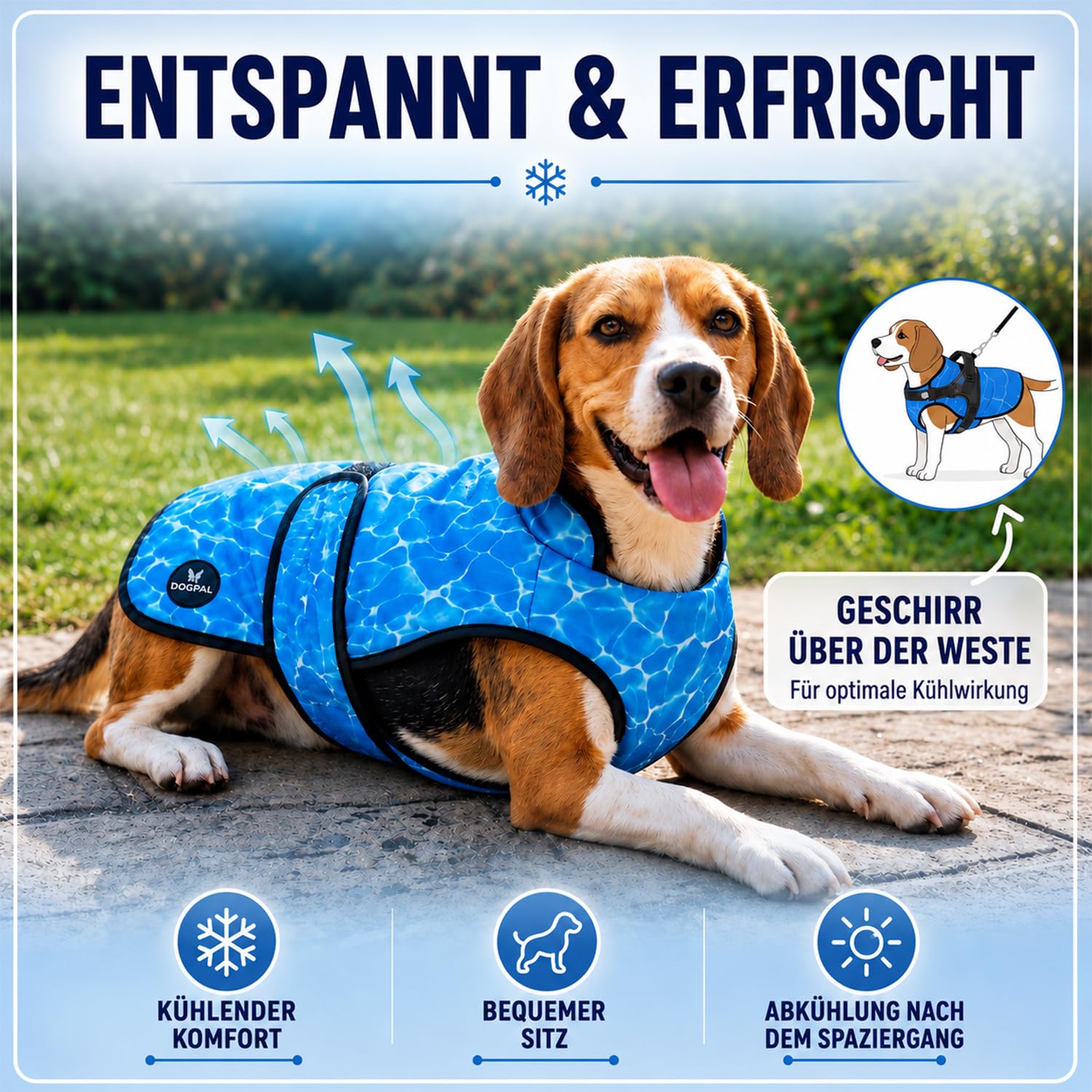 DOGOPAL Kühlweste Hund, Kühljacke für Hunde mit Wasseraktivierung & UV-Sonnenschutz für heiße Tage, Leichte Atmungsaktive Sommer-Hundeweste mit Stehkragen für Gassi & Outdoor (Blau, XL)