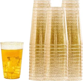 I00000 50 Pack 18 oz Gold Plastic Cups, Gold Glitter Cups Disposable Plastic Wine Glasses Cocktail Glasses Premium Cup, 18 Ounce Glitter Disposable Tumblers for Party & Wedding