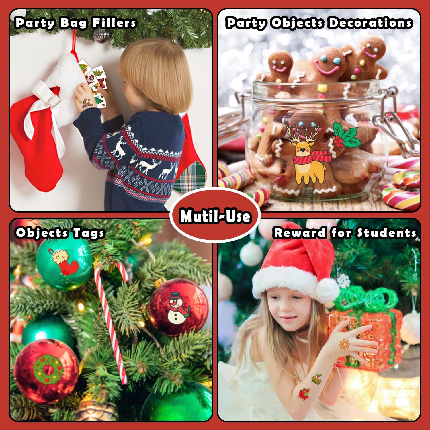 408 Tatuaggi Temporanei Oro Metallizzato Per Bambini - Tema Natale Con Babbo Natale, Renne E Alberelli - Facili Da Applicare, Regalo Divertente Per Calza - 3