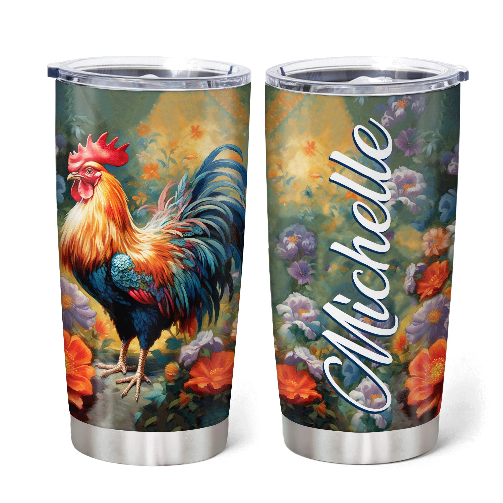 Hyturtle Personalized Gifts For Chicken Lover - Chickens Prints Customized Name Stainless Steel Tumbler 20oz With Lid - Idea Farm Animals Lover Gifts