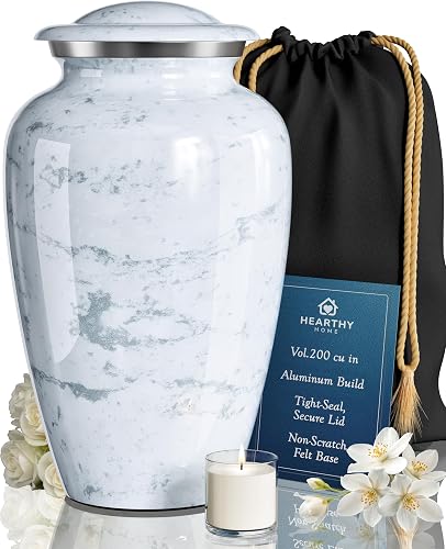 Cremation Urns for Human Ashes Adult Female & Male - Large (10.5H x 6.25W) | Handcrafted Urn for Human Adult Man & Woman - Decorative Funeral Urns - Memorial Urn with White Marble Finish