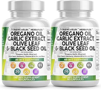Clean Nutraceuticals Oregano Oil Garlic Extract Olive Leaf Black Seed Oil - Immune Support & Digestive Health Supplement for Women and Men with Vitamin D3 & Zinc - 2Pack