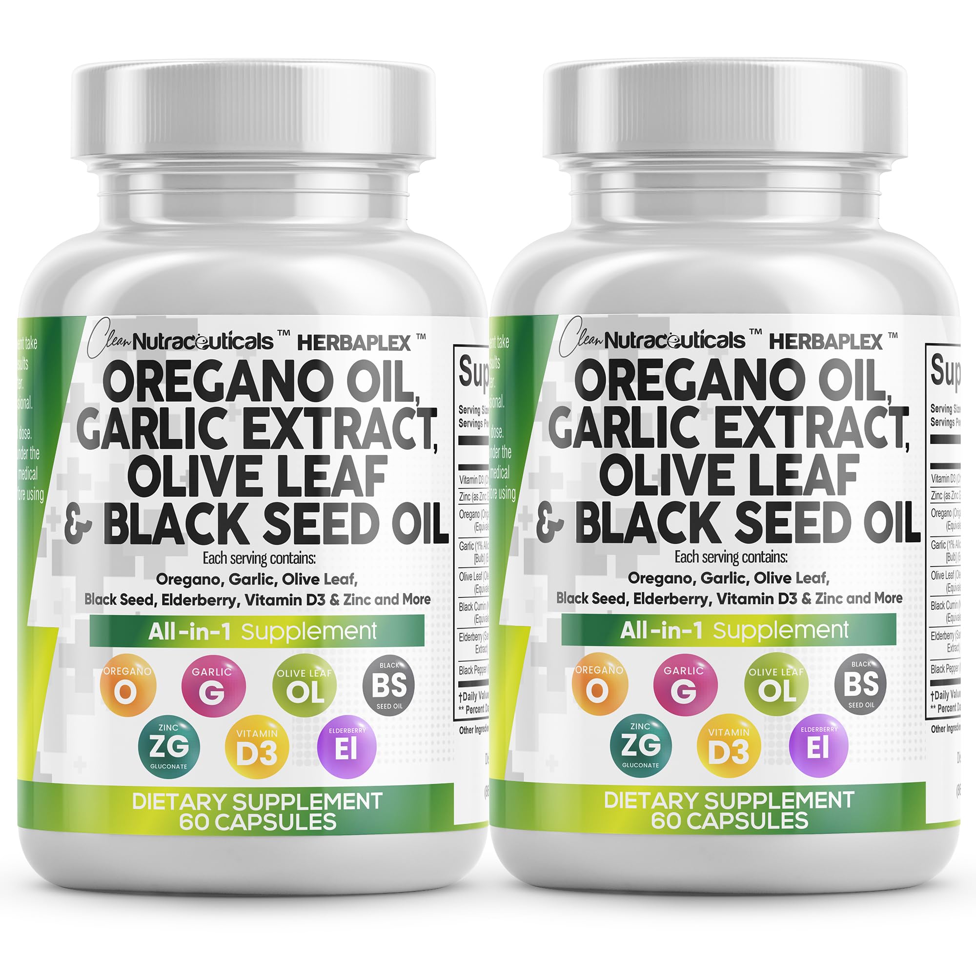Clean NutraceuticalsOregano Oil Garlic Extract Olive Leaf Black Seed Oil - Immune Support & Digestive Health Supplement for Women and Men with Vitamin D3 & Zinc - 2Pack