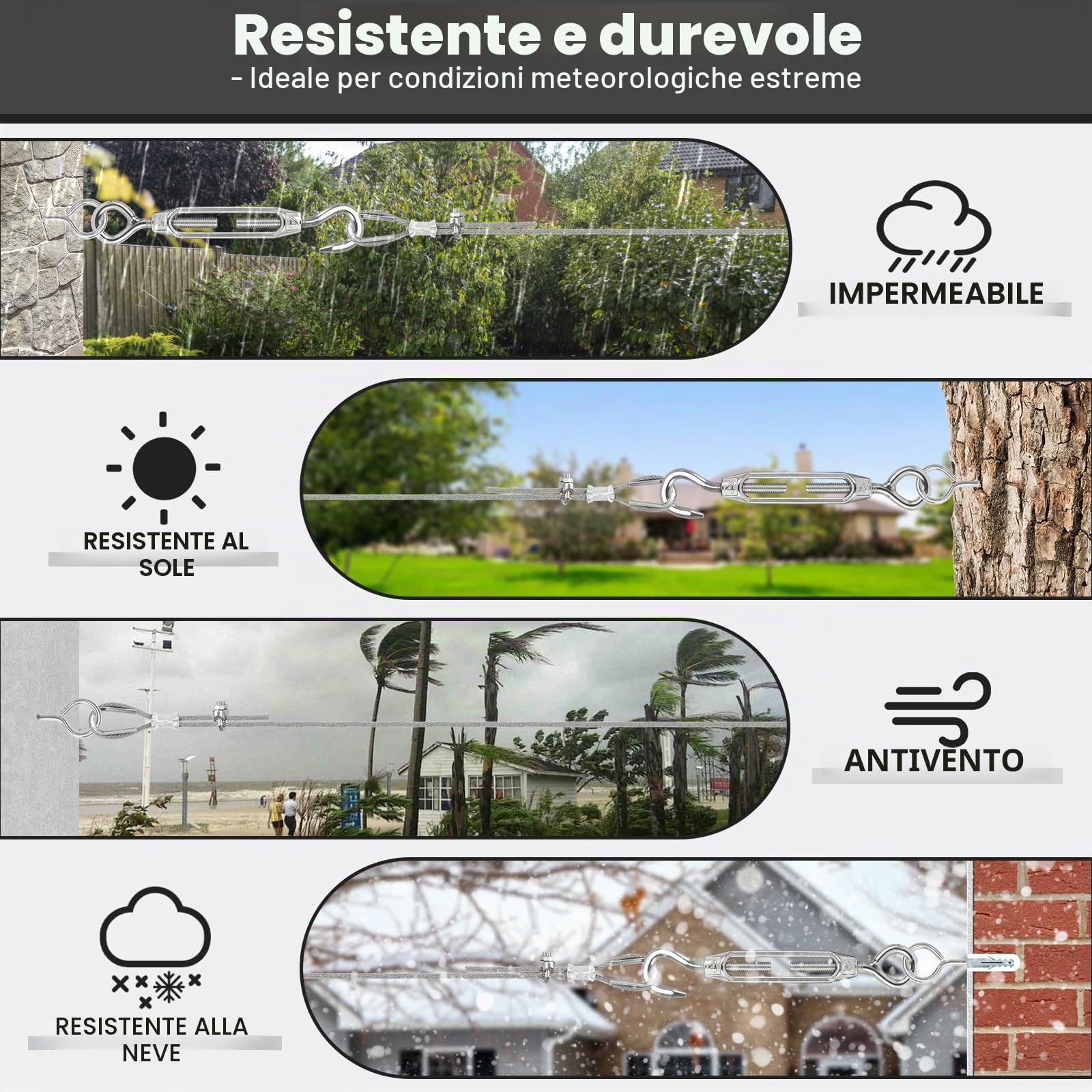 TooTaci kit Cavo Acciaio, Tenditore per filo, con 60m/2mm Cavo Metallico in Acciaio inox, Fune in Acciaio, Filo per stendere il bucato da esterno, Tende appesa, Recinzione, Giardino