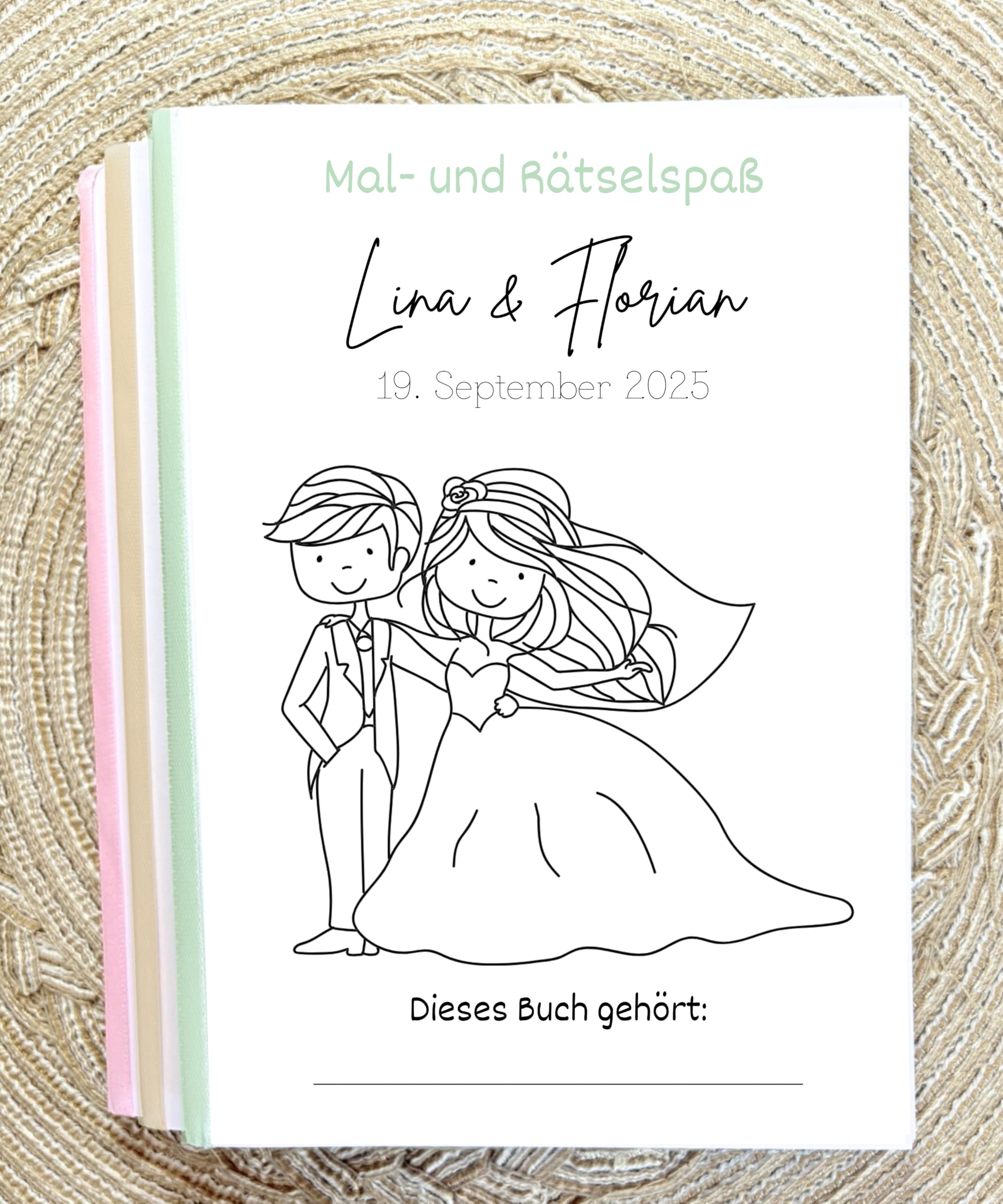Hochzeitsmalbuch Kinder personalisiert – Set 1/3/5/8/10 Stück – mit Namen & Datum Brautpaar – 24 Seiten Ausmalbilder, Rätsel & Spiele – DIN A5 – mit Buntstiften/Seifenblasen optional