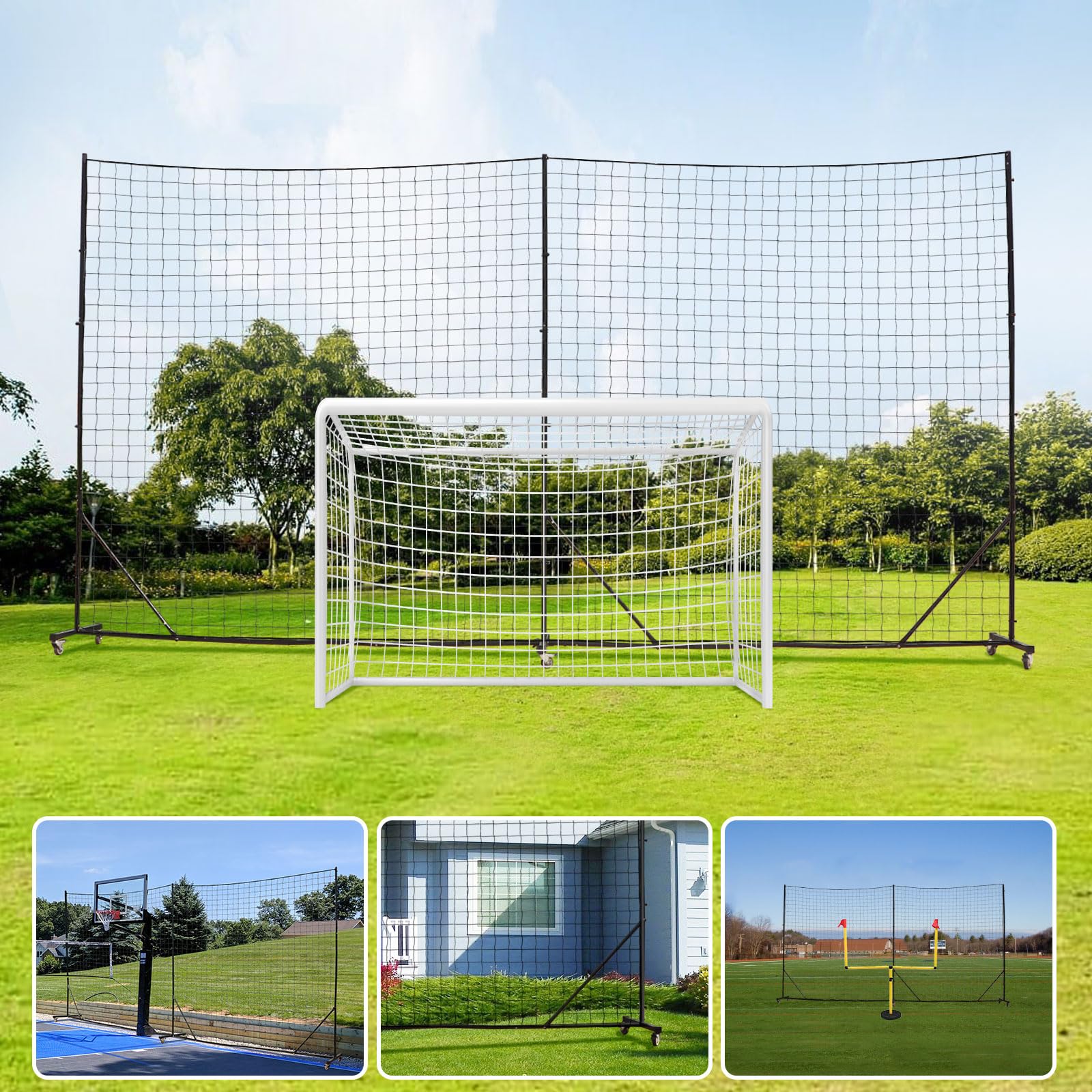 VANCL Ball Stop Net System with Wheels Movable Socketed Ball Stop Net Sports Netting Backyard 10FT to 12FT High Backstop Net for Barrier with Post