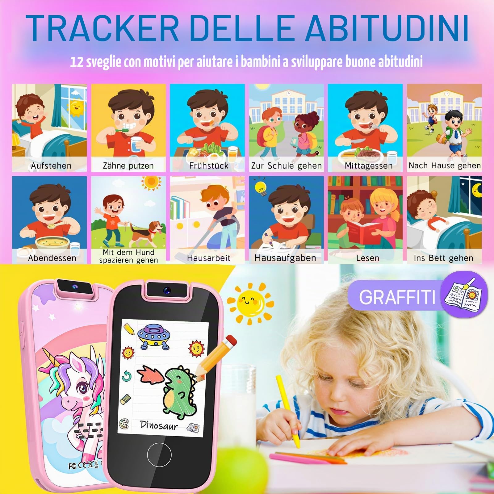 Dhapy Smartphone per Bambini, Telefono Touch Screen per Bambini, Lettore Musicale MP3, Giocattolo Educativo con Scheda SD 8G, Rosa