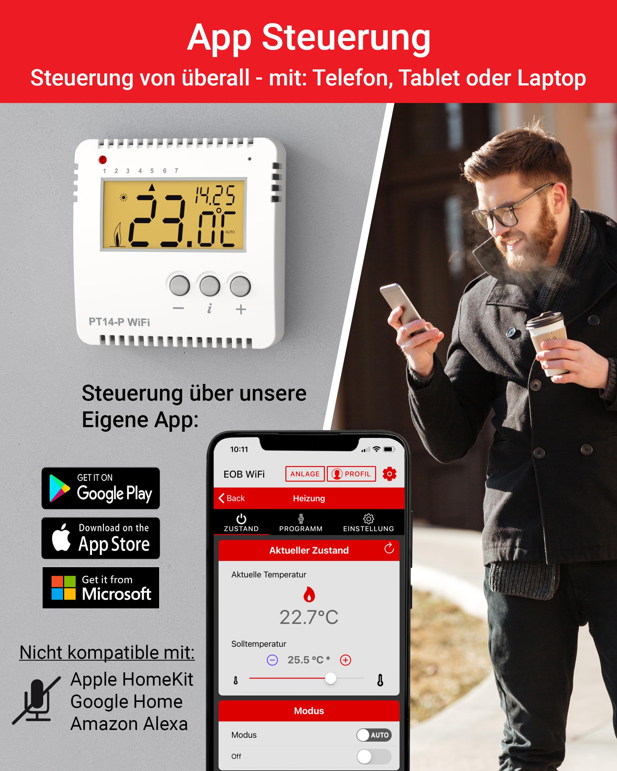 ELEKTROBOCK PT14-P WiFi - Smart WLAN Raumthermostat 230V - Heizungssteuerung per App - Aufputzmontage - 16 A - Für elektrische Heizungen - Einstellbare Wochenprogramme, Weiß