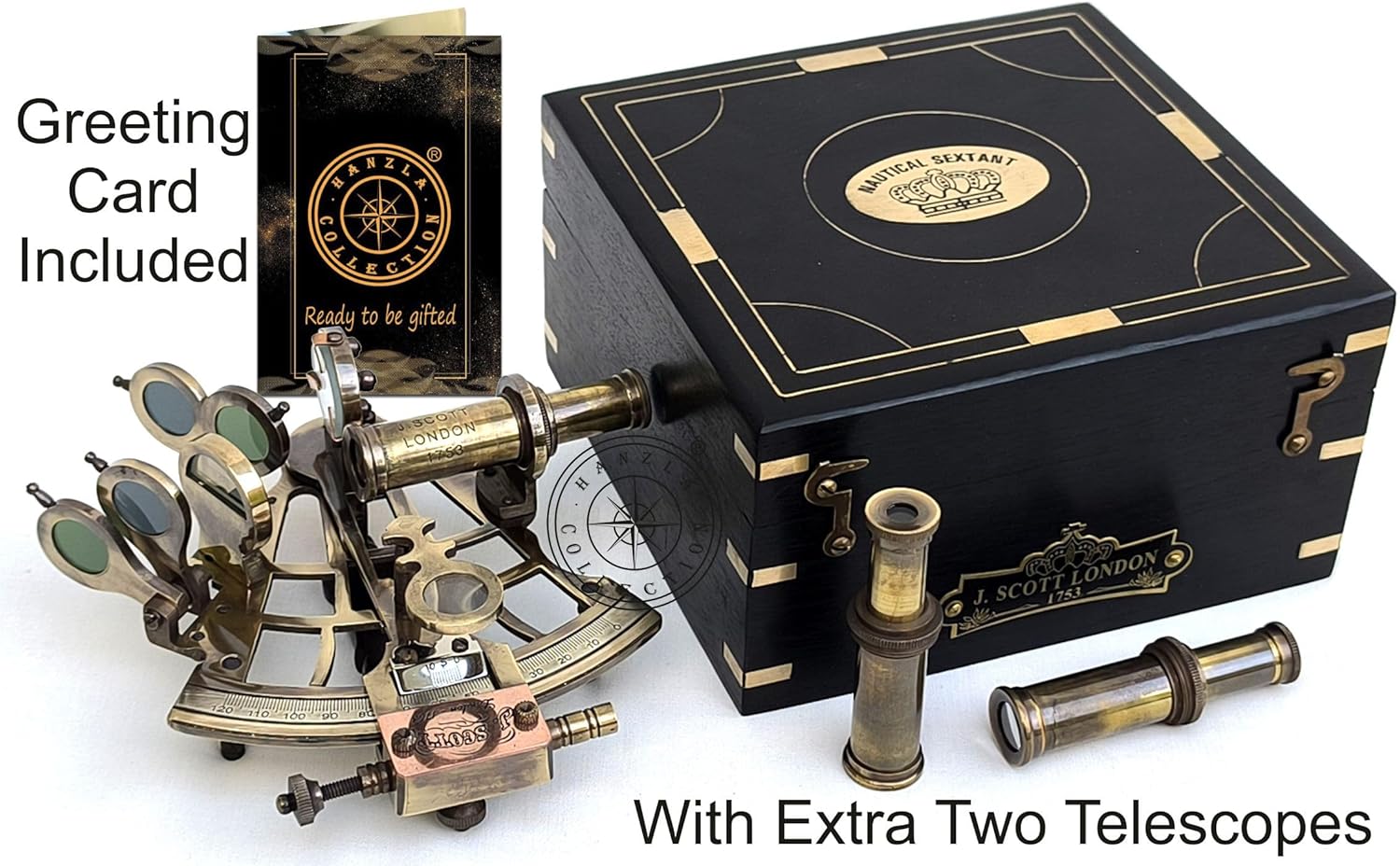 J. Scott London Brass Ship Sextant with Hardwood Box – Vintage Nautical Marine Navigation Instrument, Collectible Maritime Decor Handmade Gift for Father's Day, Baptism, Partner, Best Men, Graduation