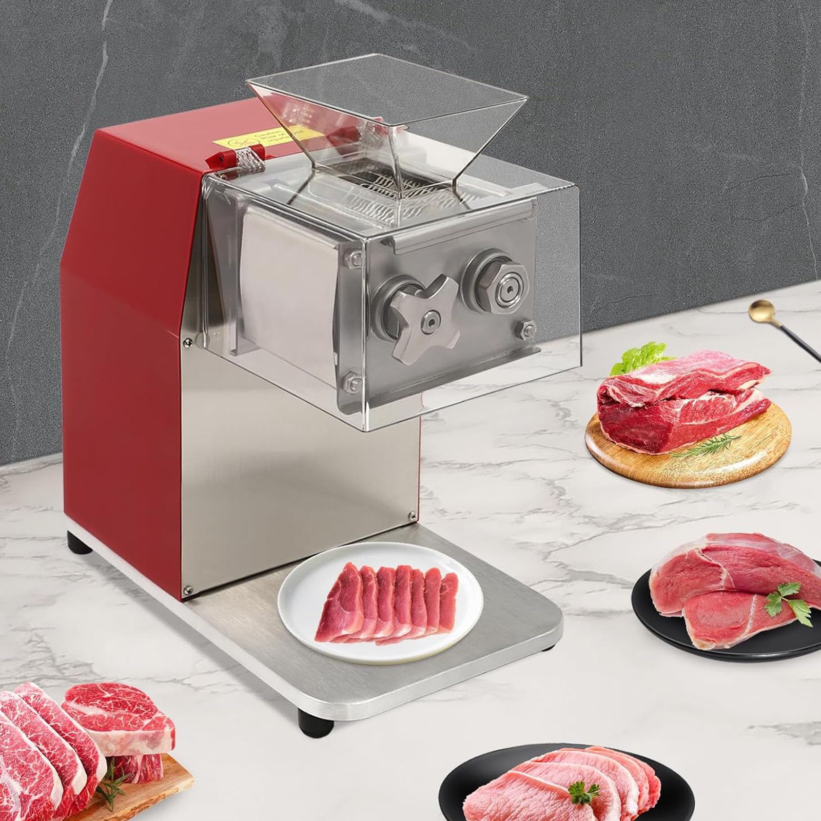 Affettatrice per carne, affettatrice e tagliacarne professionale da 1100 W, funzionamento verticale, acciaio inossidabile con copertura trasparente e lame rimovibili (5 pollici) (3,5 pollici)