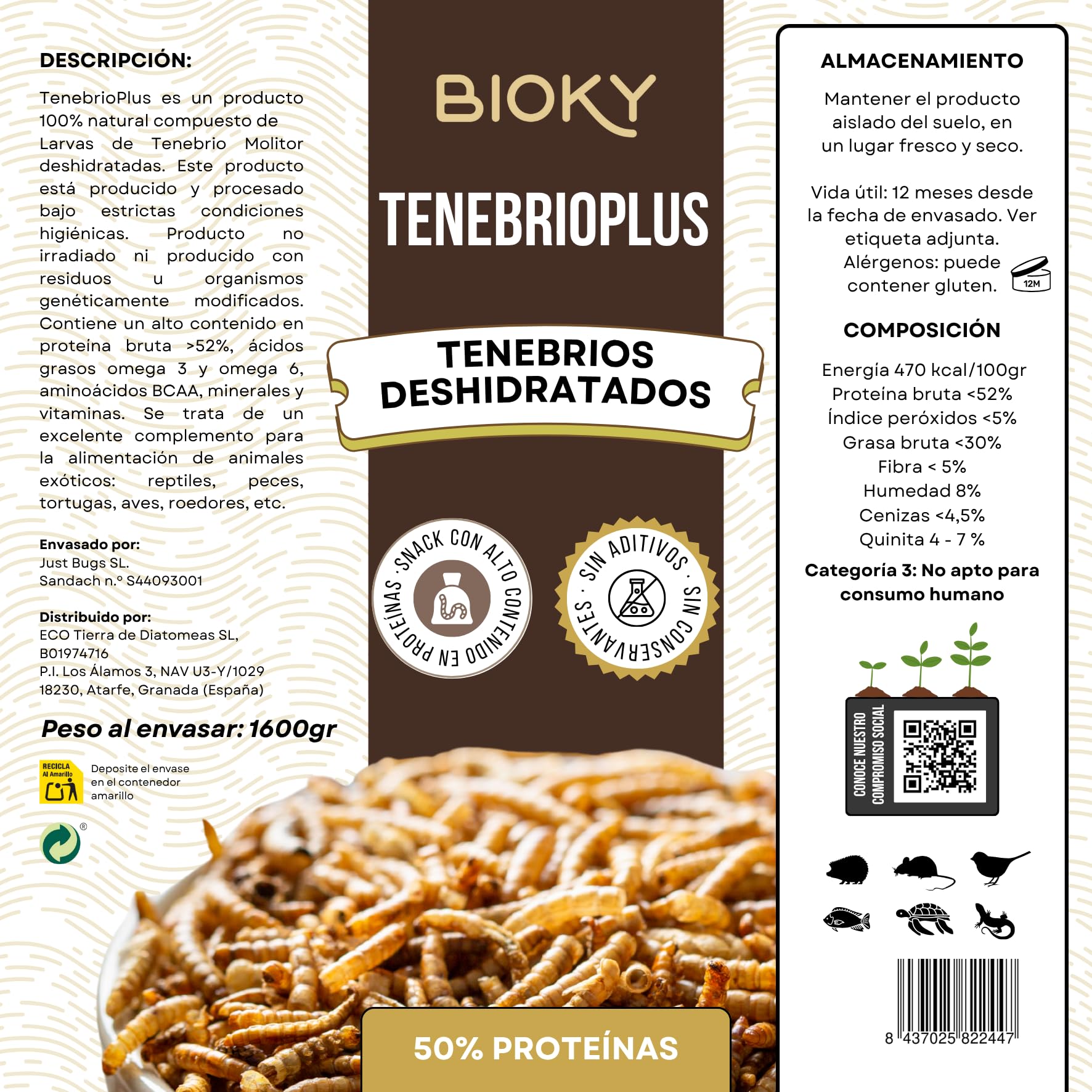 Dehydrierte Mehlwürmer, 10 l, Dehydriert – Würmer für Vögel, Reptilien und Nagetiere – Futter für Schildkröten und alle Arten von Tieren – Insekten für Hühner + 50 % Protein