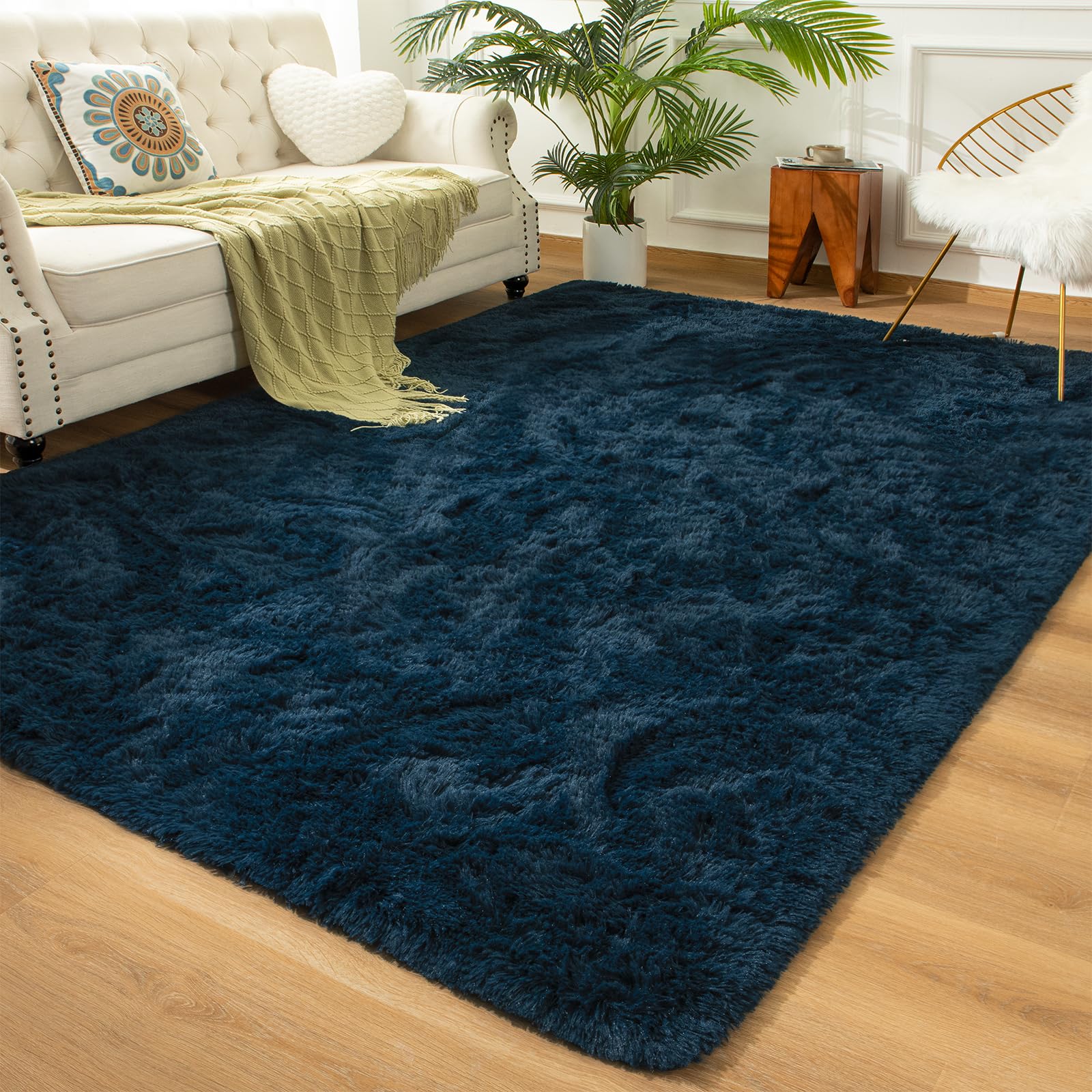 andecor shag area rug for living room, 5x8 feet navy blue soft fluffy indoor plush throw rugs for bedroom girls kids room nursery dorm home decor carpet
