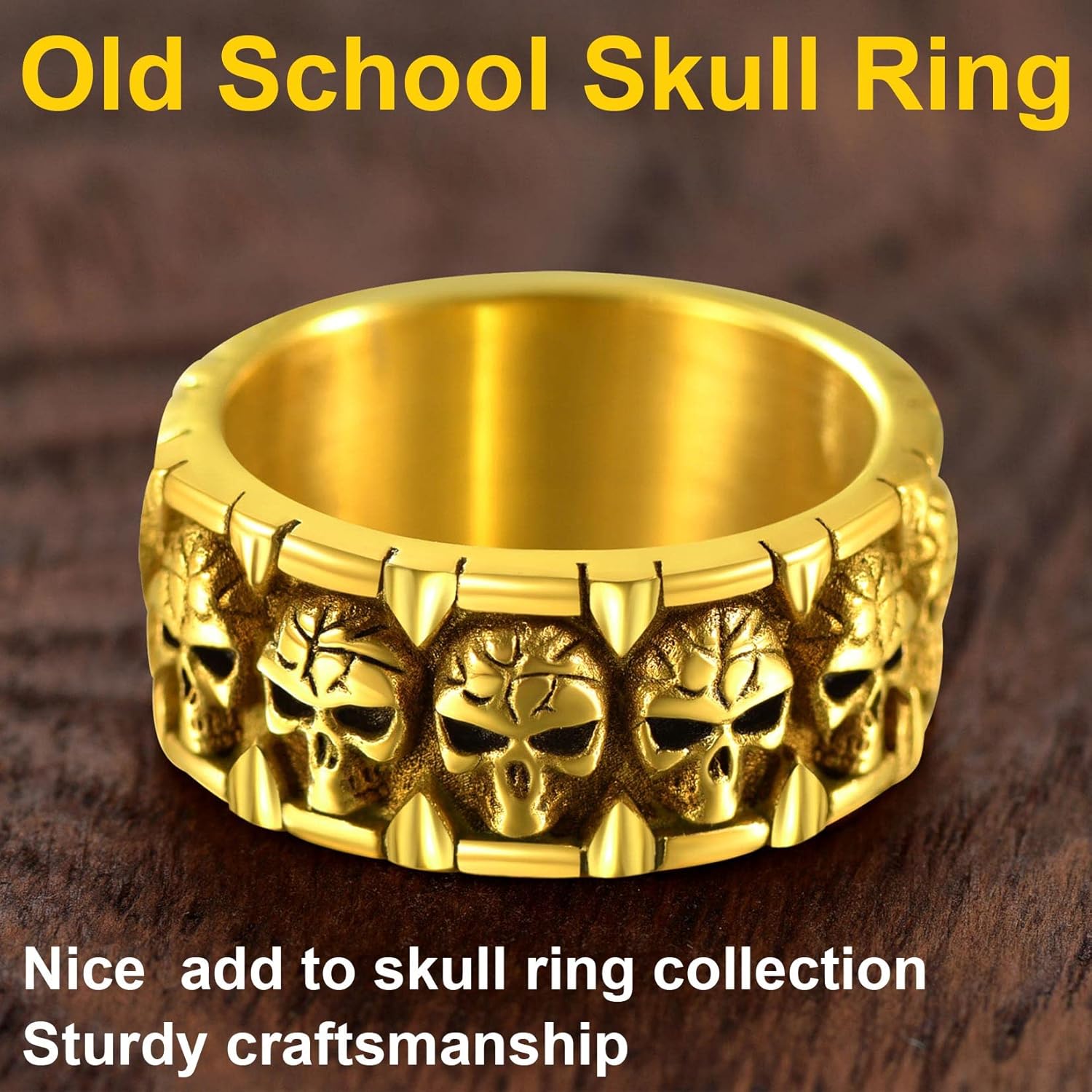 ChainsProMax Can Engrave Men Skull Rings, Stainless Steel Statement Biker Rings, Gold Plated/Black-Send Gift Box