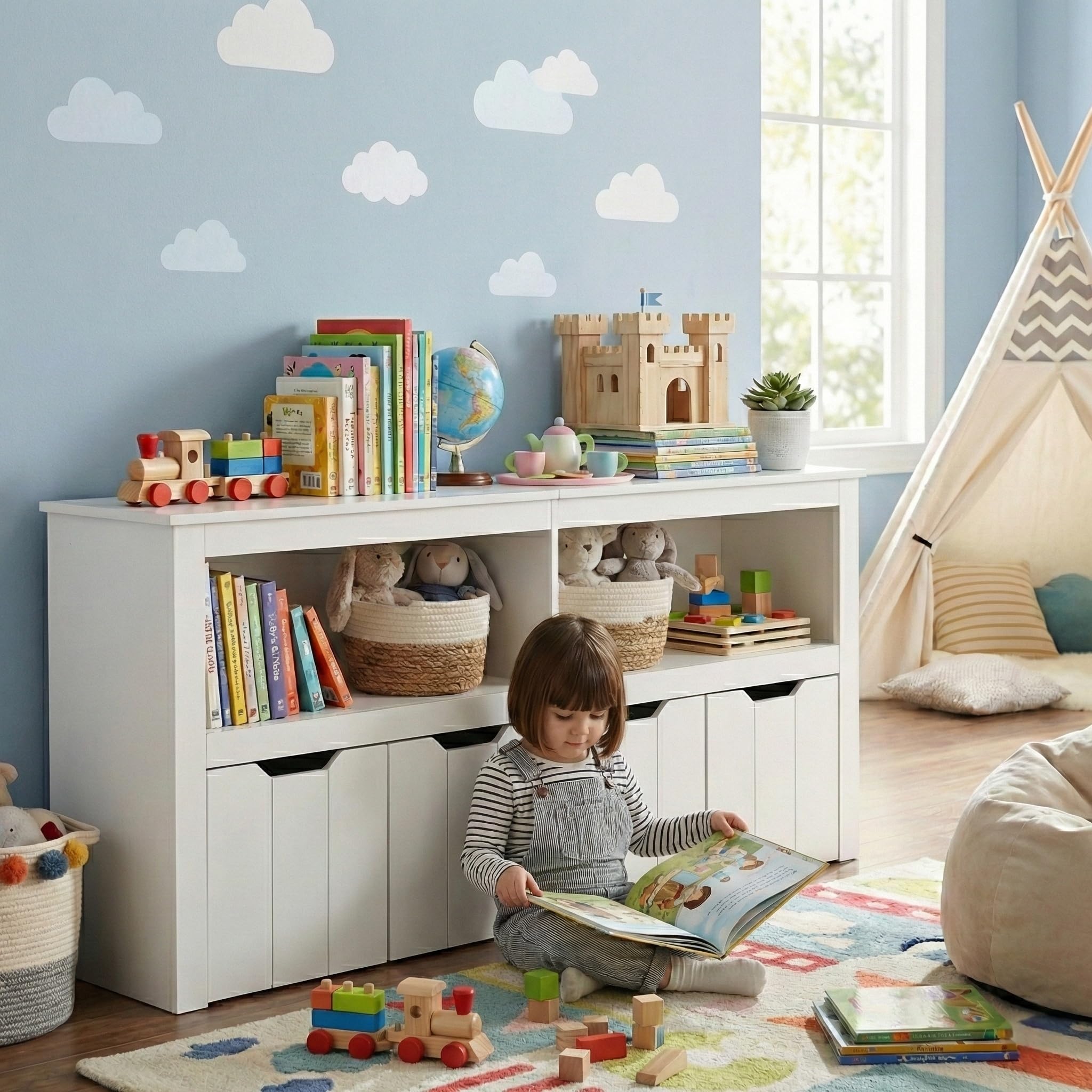 Kinderregal Spielzeugregal mit Boxen,Kinderzimmer Regal Kinder Bücherregal mit Kinderkommode,Spielzeug Organizer Weiß,Kinderschrank Kinder Kommode Möbel mit 3 Aufbewahrungsboxen für Kinderzimmer