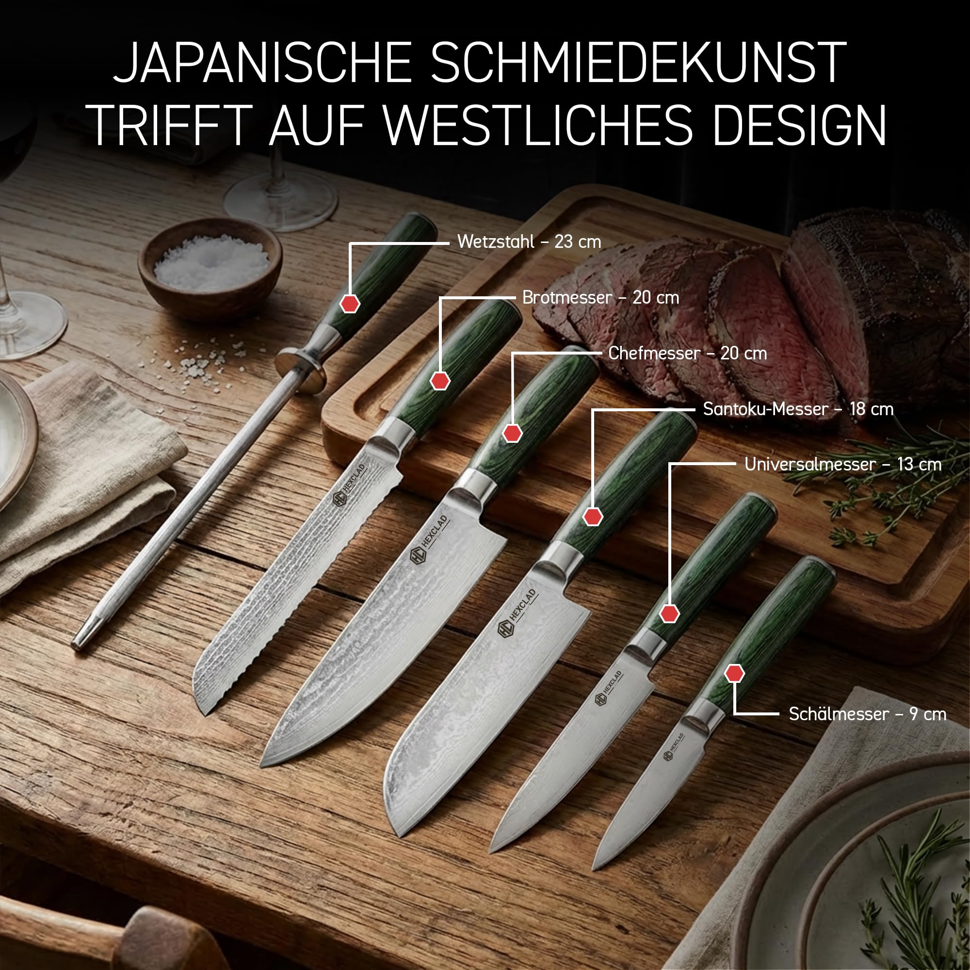 HexClad Essential Damastmesser Set 6-teilig – Küchenmesser aus 67-lagigem Damaststahl – Scharfe japanische Messer mit Pakkaholzgriffen – Vollerl-Konstruktion & Wetzstahl – Profi Küchenmesser Set