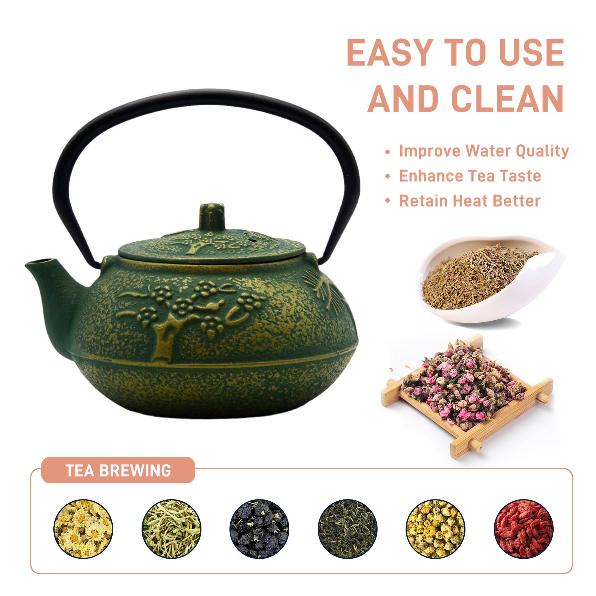 Tetera de hierro fundido, tetera SECHUDO recubierta con interior esmaltado para té suelto, tetera de hierro fundido con infusor de acero inoxidable para estufa segura (30 onzas, patrón 2)