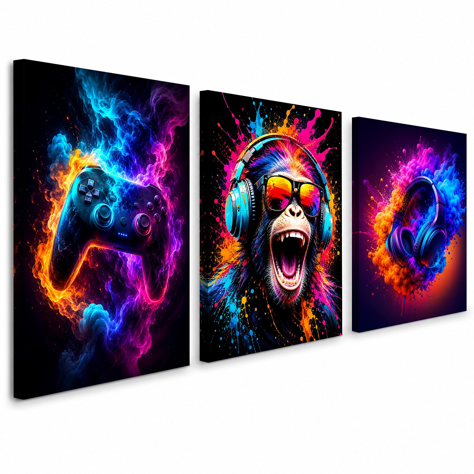 Glyzaen Neon Gaming Wall Art Set of 3, Framed 12 x 16 Inch Canvas Prints