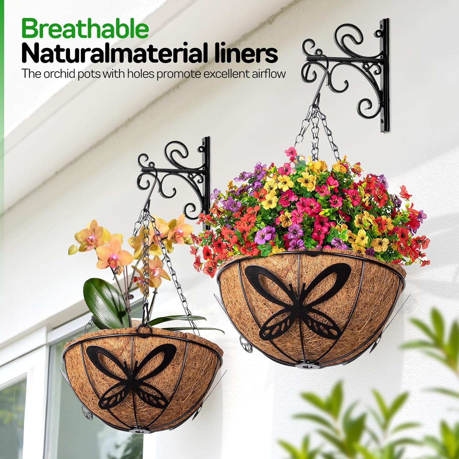 QCQHDU 2 Pack 10 inch Metal Hanging Orchid Baskets for Plants Outdoor, Hanging Orchid Planter Basket with Coco Liners, Orchid Pots with Holes for Garden, Patio, Deck, Porch Plants(Butterfly)