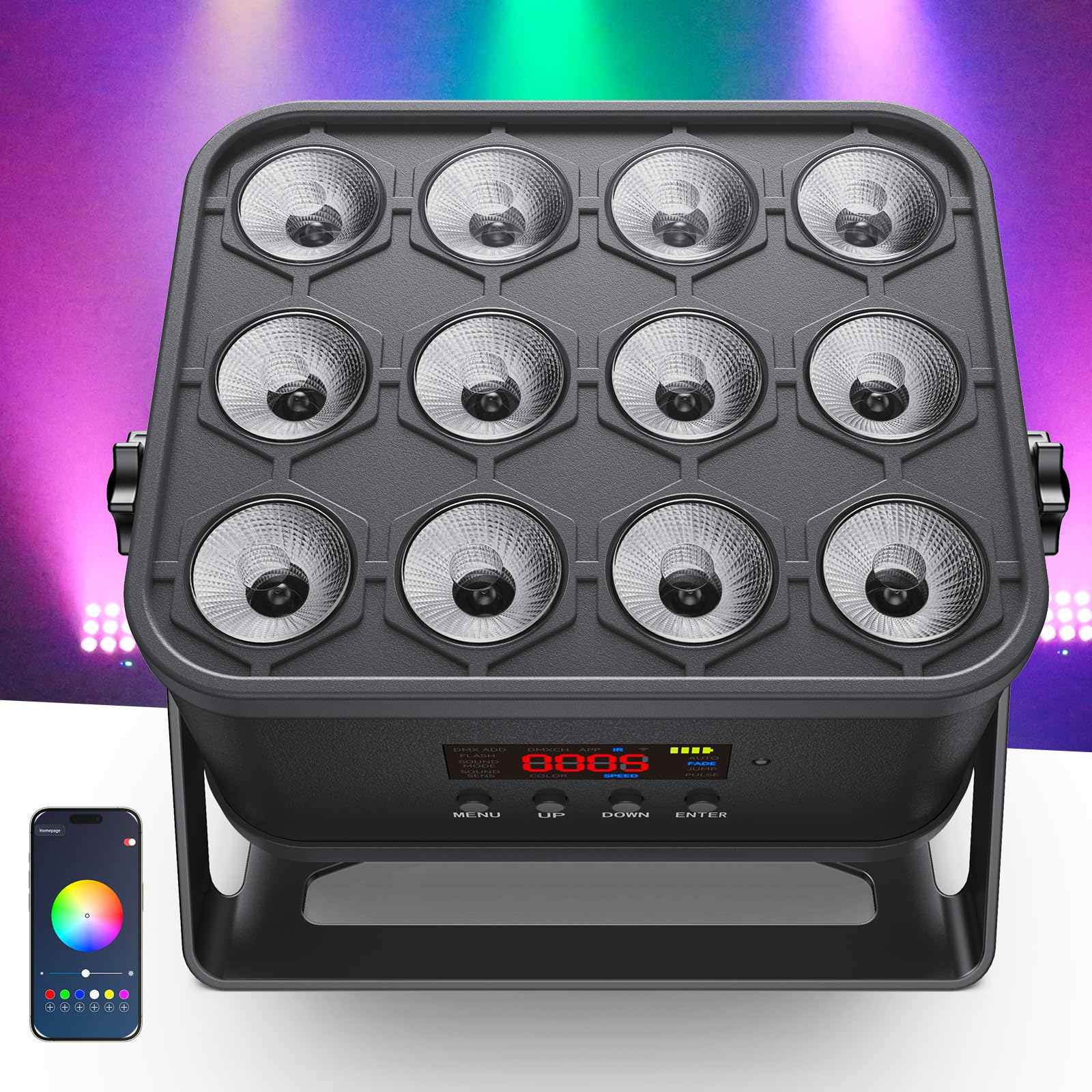 KeoBin 12x16W APP Par Licht | 6 in 1 RGBWA+UV | Wiederaufladbarer Batterie | Intelligente APP-Steuerung | 8 Stunden Laufzeit | Fernbedienung/Geräuschsteuerung/DMX512 | frei kombinierbare Lichtmodi