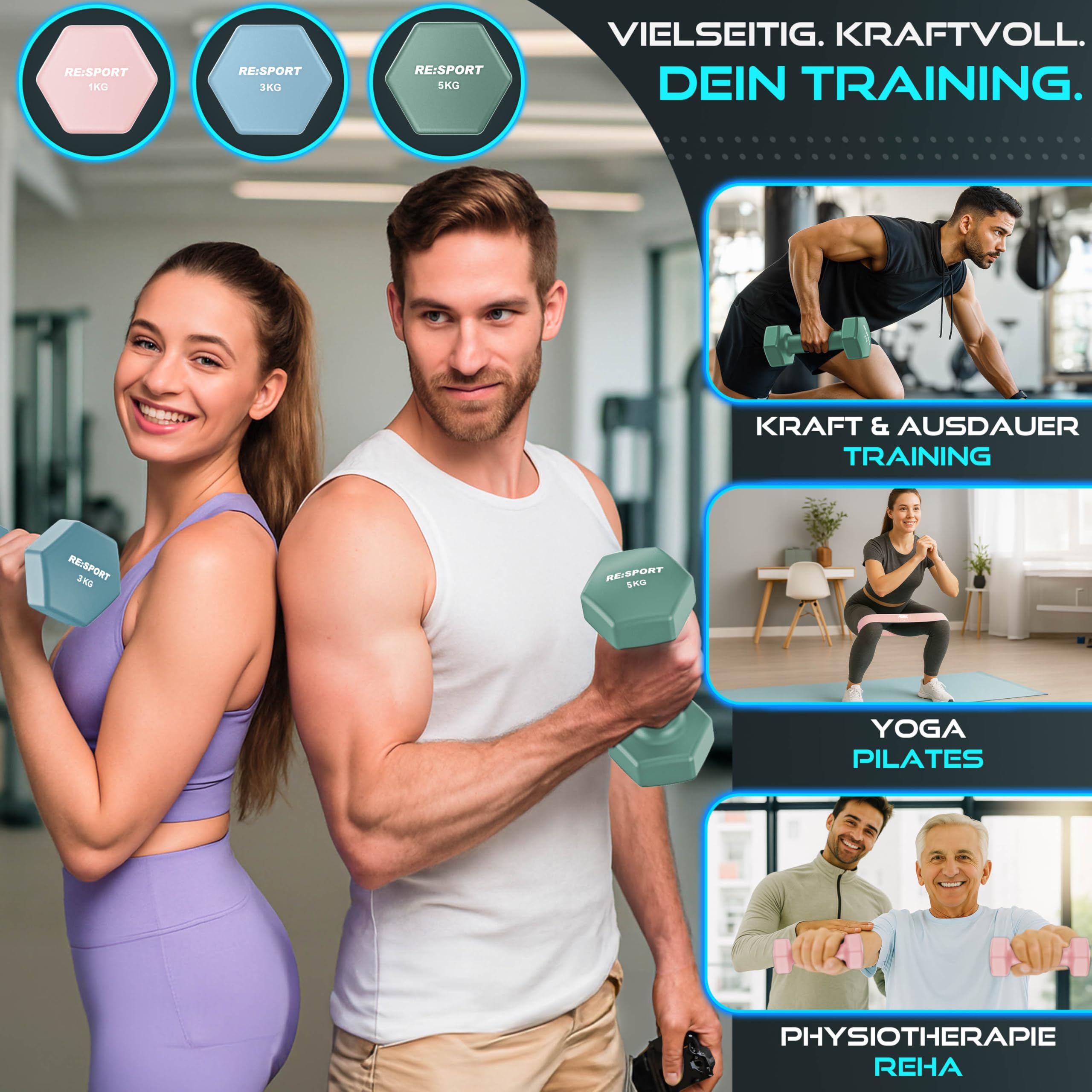RE:SPORT® Hantel-Set 3 Paar, 1kg - 5kg, 12kg oder 18kg mit Ständer & 3x Fitnessbänder | Rutschfeste Neopren Kurzhanteln für Damen & Herren | Hanteln Hantelset